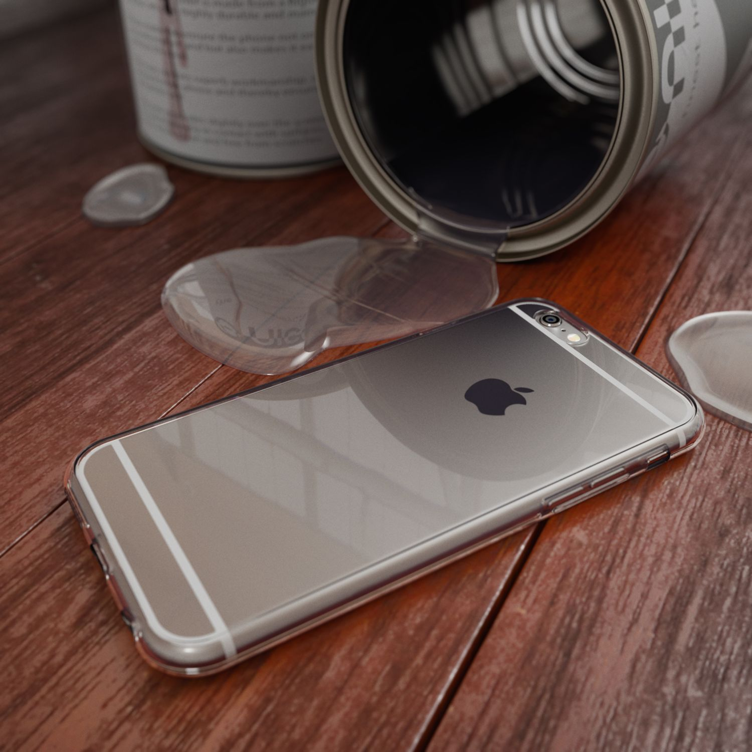 Ein iPhone in einer Schutzhülle liegt auf einem Holzboden neben einer umgestürzten Dose.