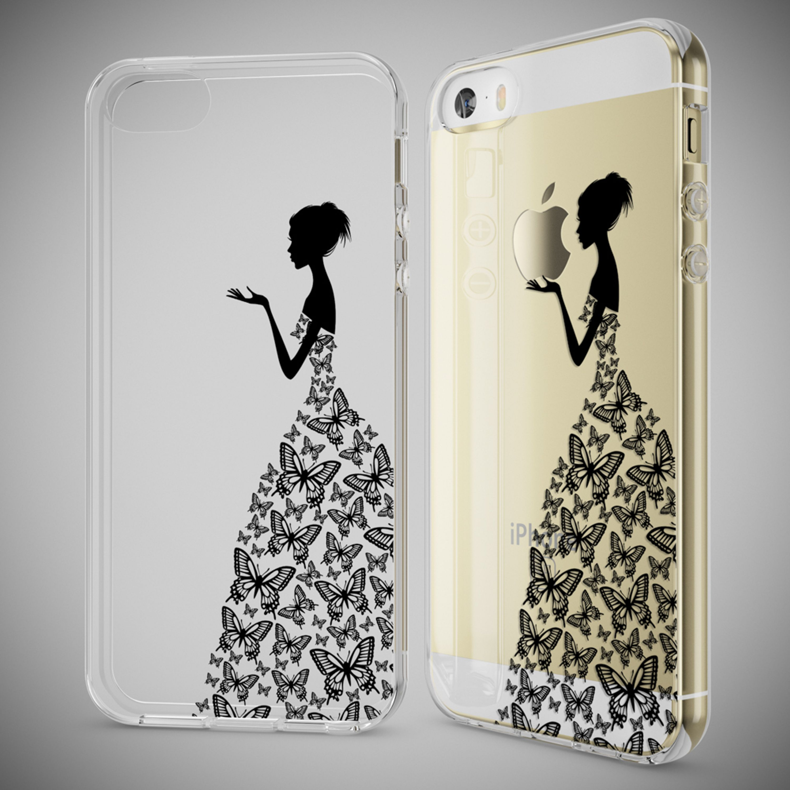 Transparente Handyhülle mit Silhouette einer Frau im Schmetterlingskleid mit Apple-Logo.