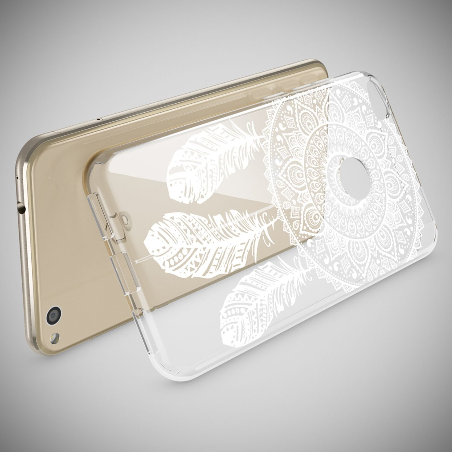 Goldenes Smartphone mit einer transparenten Schutzhülle mit weißem Mandalamuster und Federn.