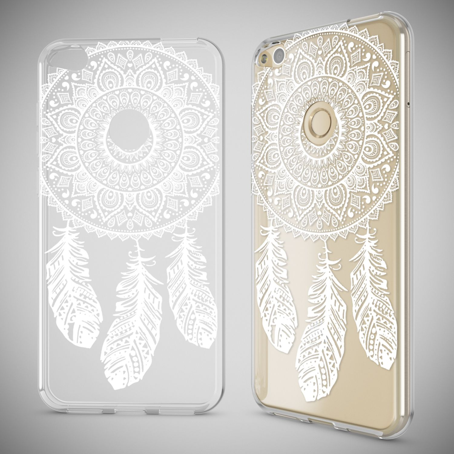 Transparente Handyhülle mit weißem Mandala-Traumfänger-Muster und Federn, einmal isoliert und einmal auf einem Telefon.