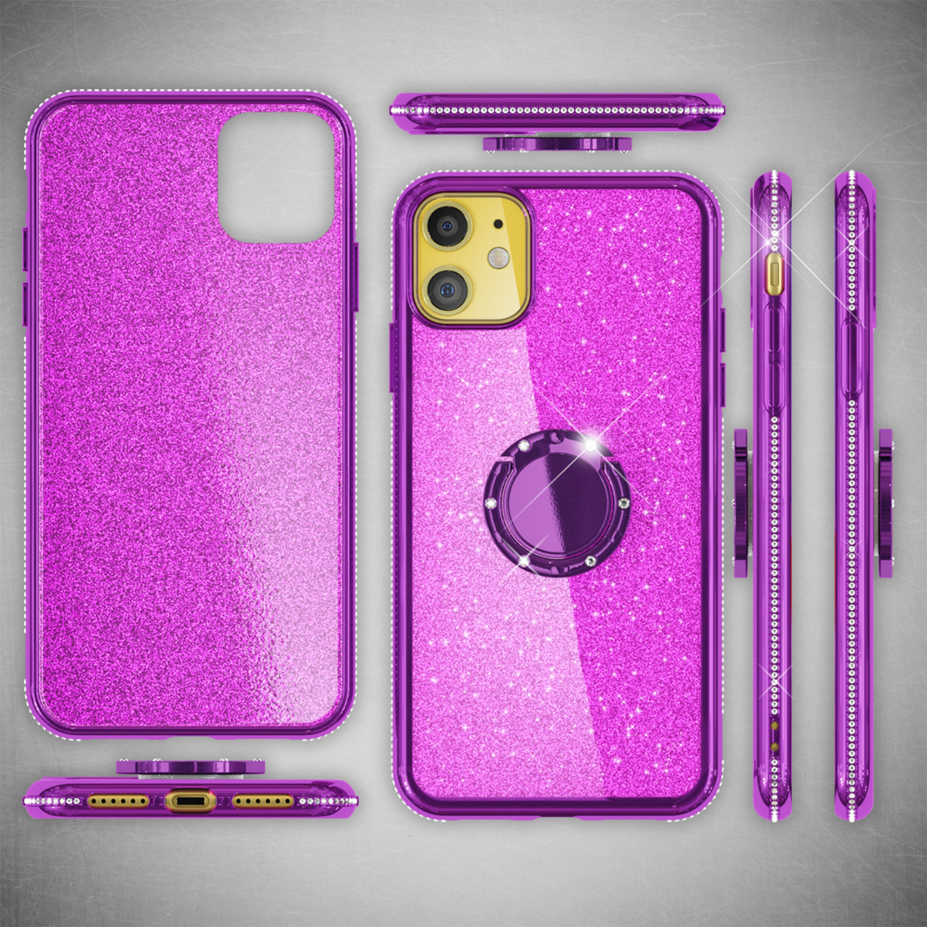 Lila, glitzernde Smartphone-Hülle mit Ringständer und Strasssteinen.