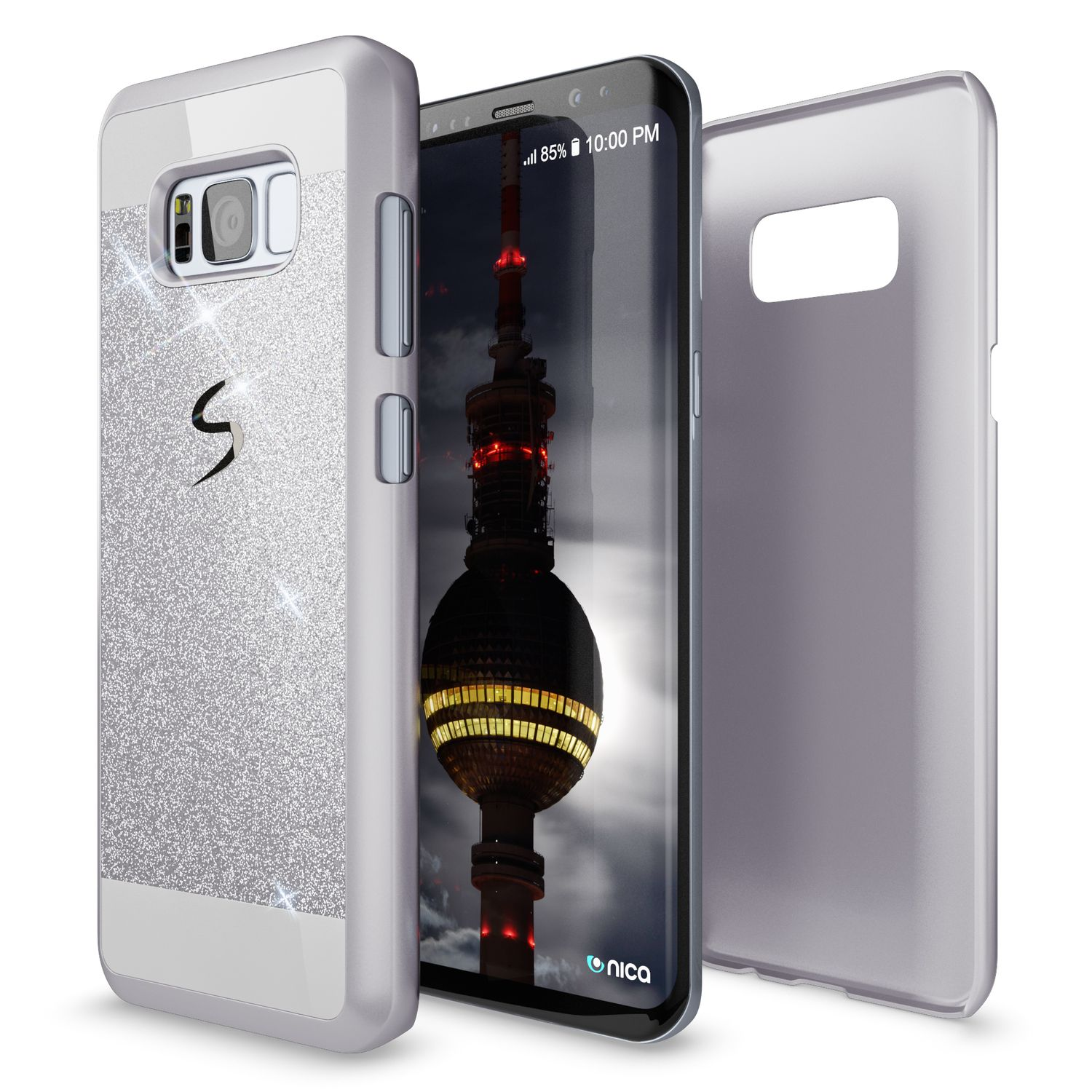 Ein silberner Glitzer-Handyhalter steht neben einem Smartphone, das den Berliner Fernsehturm zeigt.
