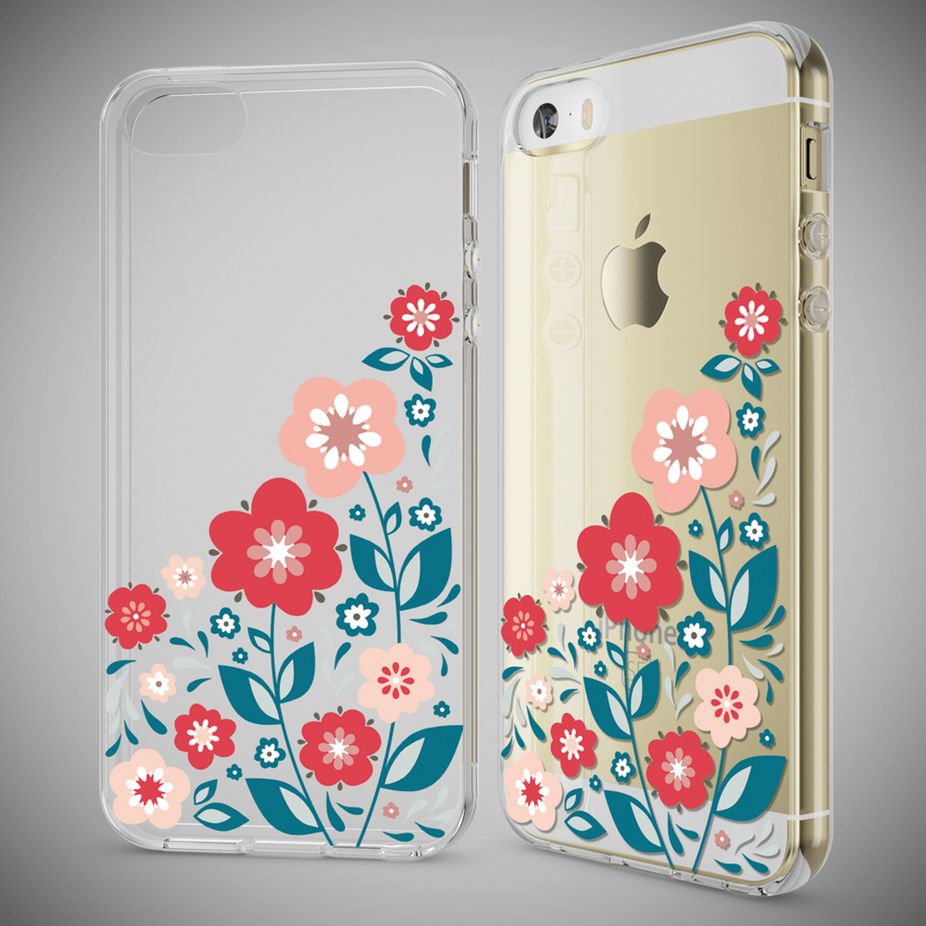 Transparente Handyhülle mit rot-rosa Blumen und blauen Blättern, einmal einzeln und einmal auf einem goldenen Telefon.