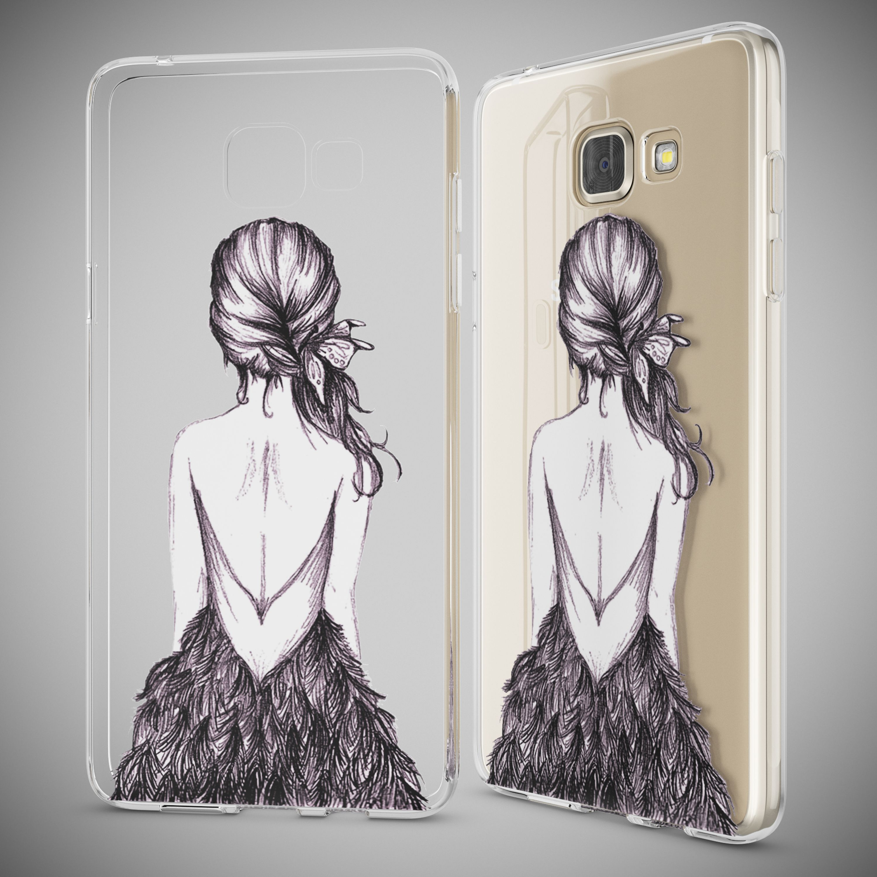 Transparente Handyhülle mit skizziertem Frauenrücken in einem Federkleid gegen grauen Hintergrund.