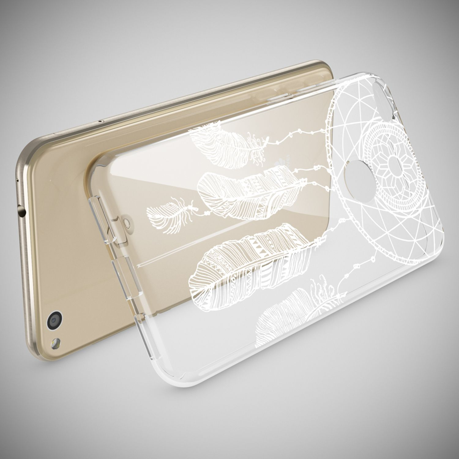 Transparente Handyhülle mit weißem Traumfänger- und Federmotiv, vor einem goldenen Smartphone auf grauem Hintergrund.