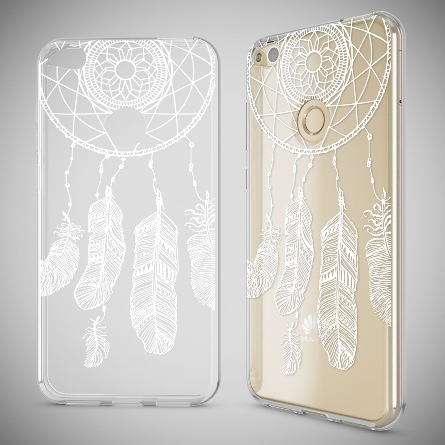 Transparente Handyhülle mit weißem Traumfänger-Muster.