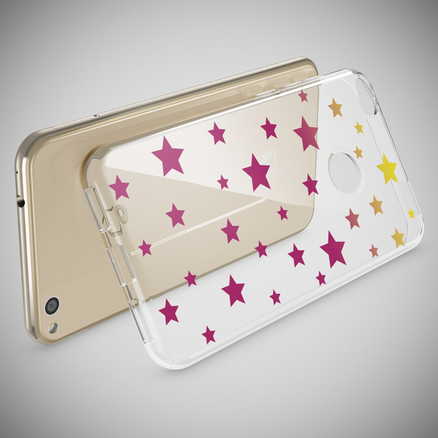 Goldenes Smartphone mit einer transparenten Schutzhülle, die mit bunten Sternen verziert ist, auf grauem Hintergrund.