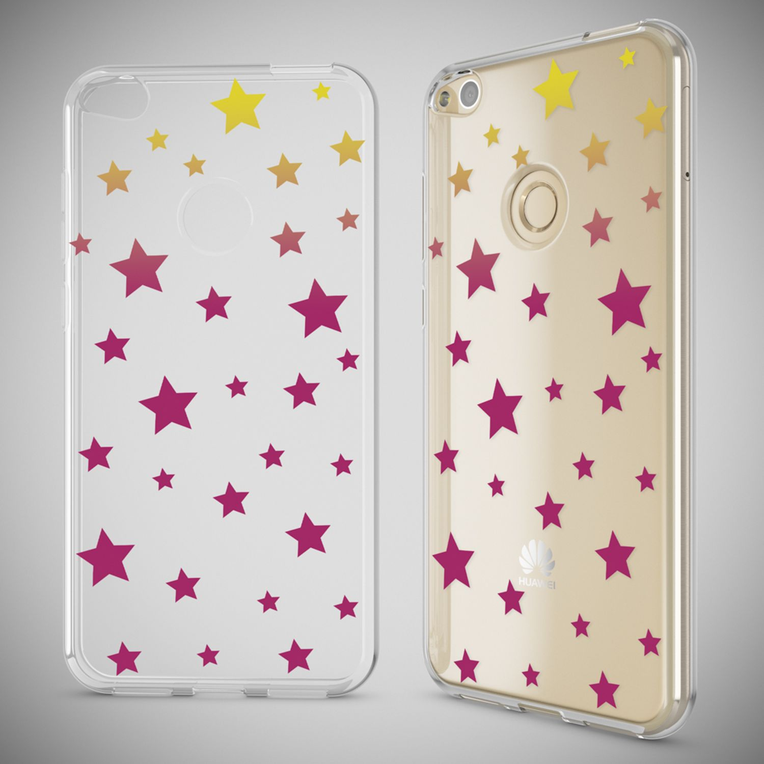Transparente Handyhülle mit gelben und pinken Sternen, einmal einzeln und einmal auf einem goldenen Smartphone.