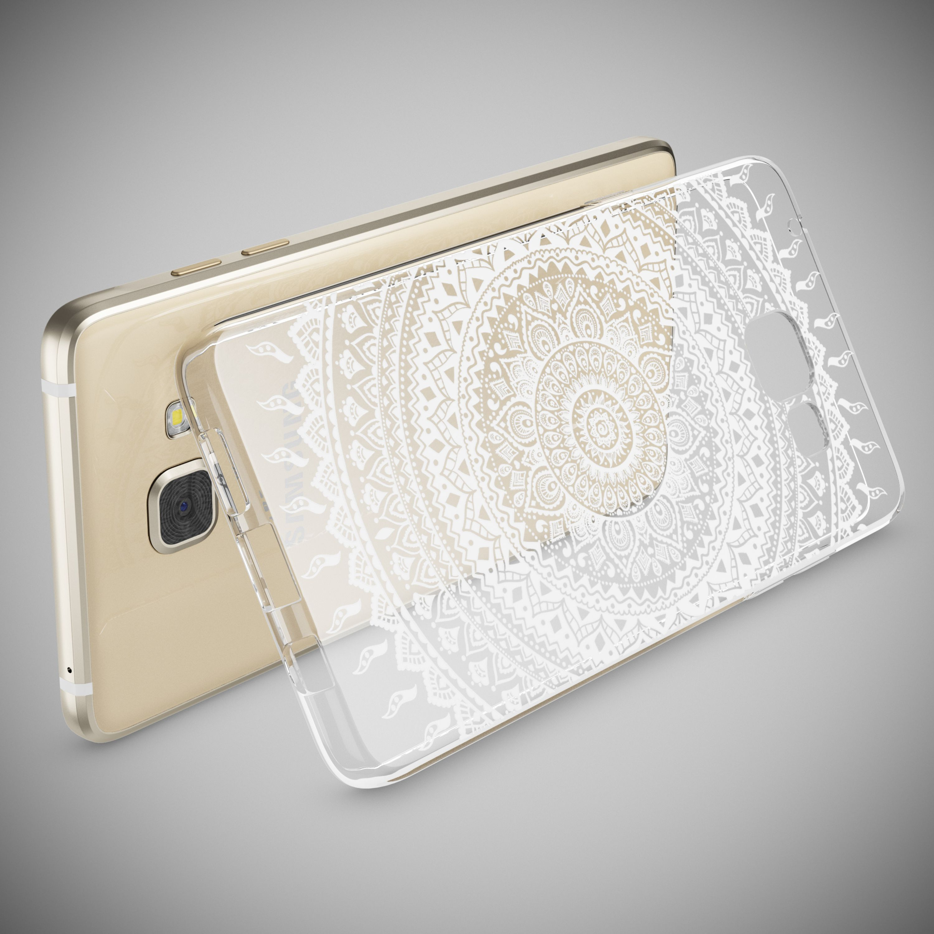 Goldenes Smartphone mit einer klaren Schutzhülle, die ein weißes Mandulamuster zeigt.