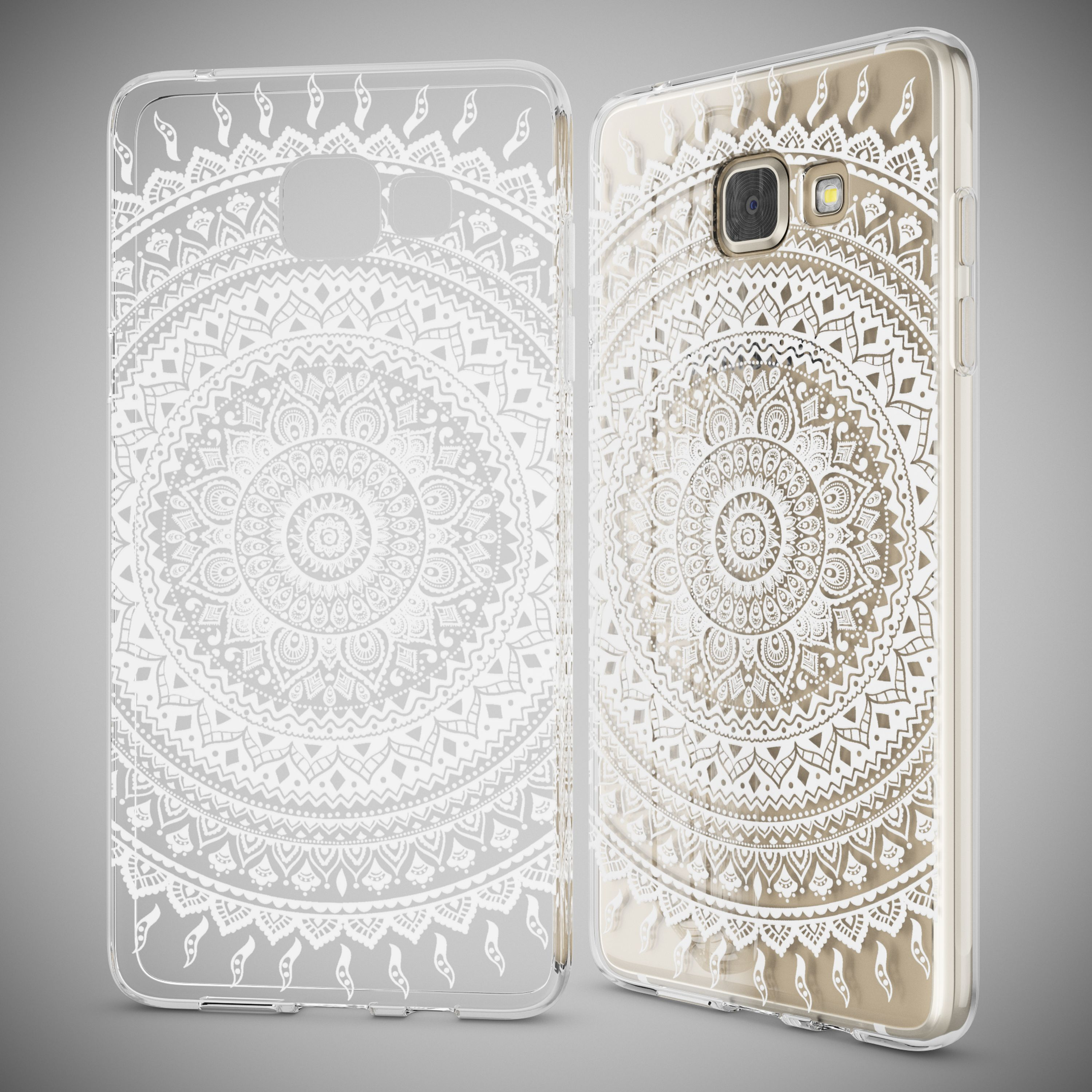 Zwei transparente Handyhüllen mit weißem Mandala-Muster, eine Hülle ist auf einem goldenen Smartphone angebracht.