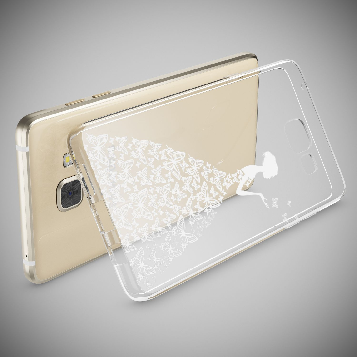Goldenes Smartphone mit einer klaren Handyhülle mit weißem Schmetterlingskleid-Aufdruck.