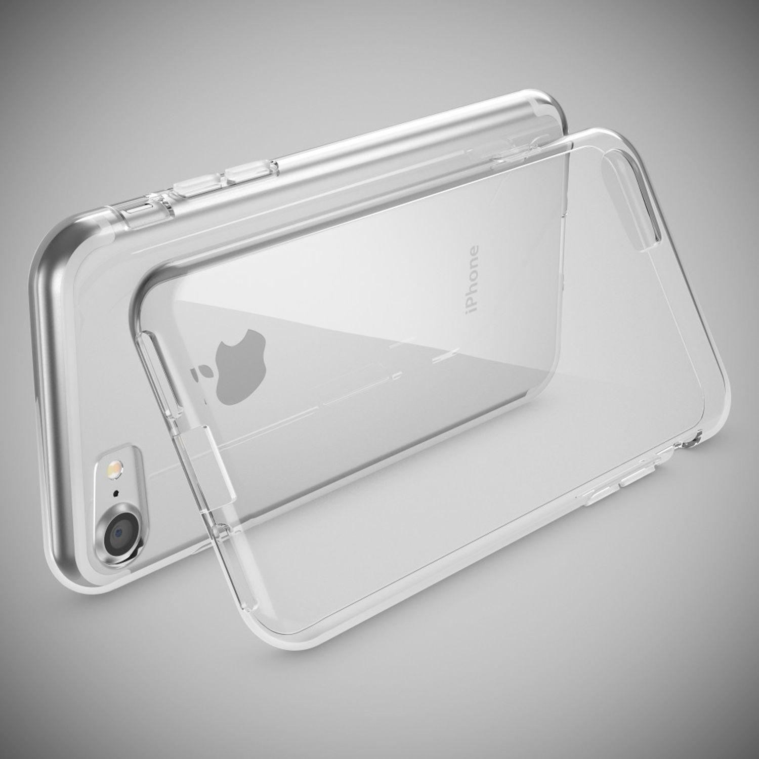 Uno smartphone argentato parzialmente inserito in una custodia protettiva trasparente.