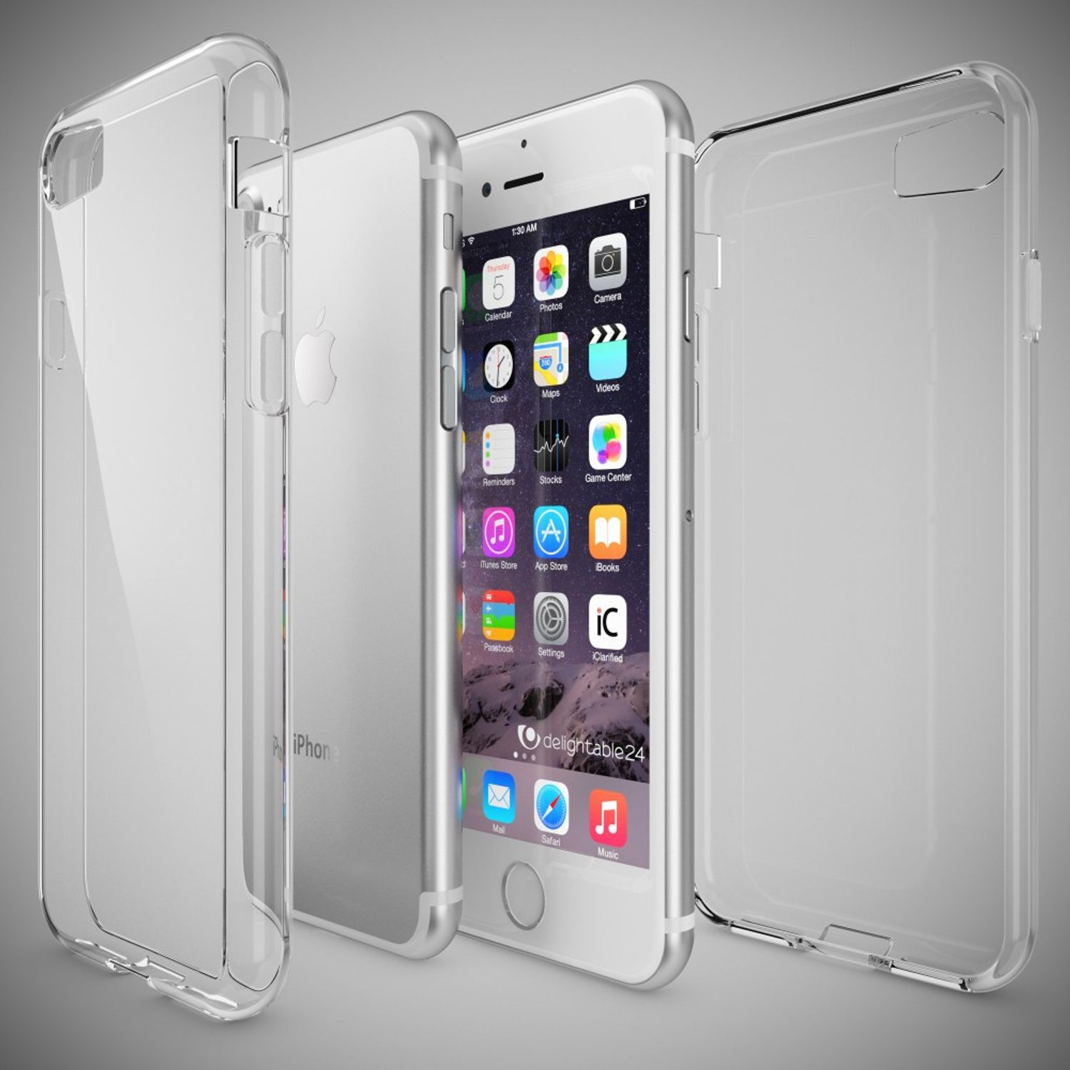 Un iPhone con schermata delle app, affiancato da tre custodie protettive trasparenti su sfondo grigio.