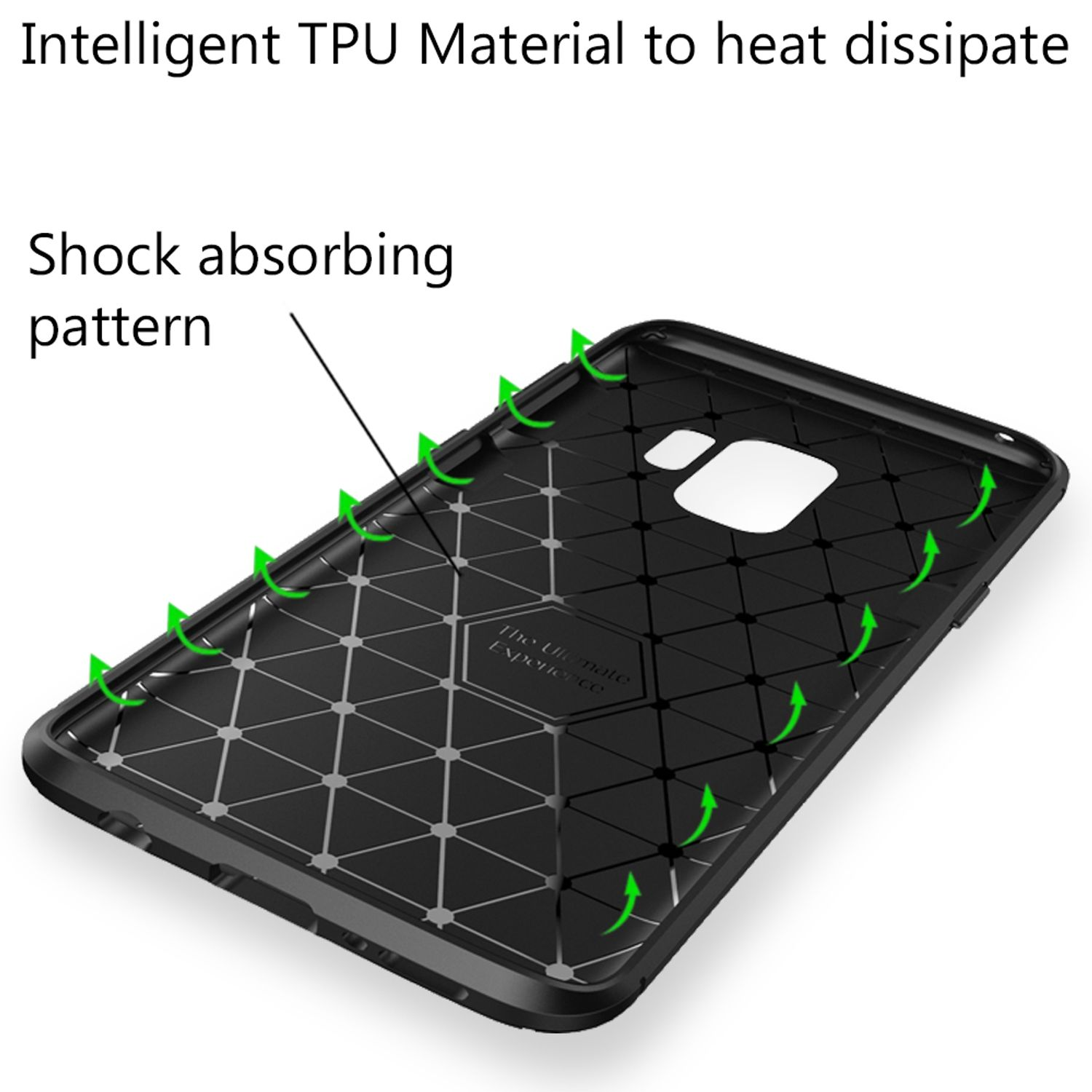 Interno di una custodia per telefono in TPU nera con motivo geometrico antiurto.