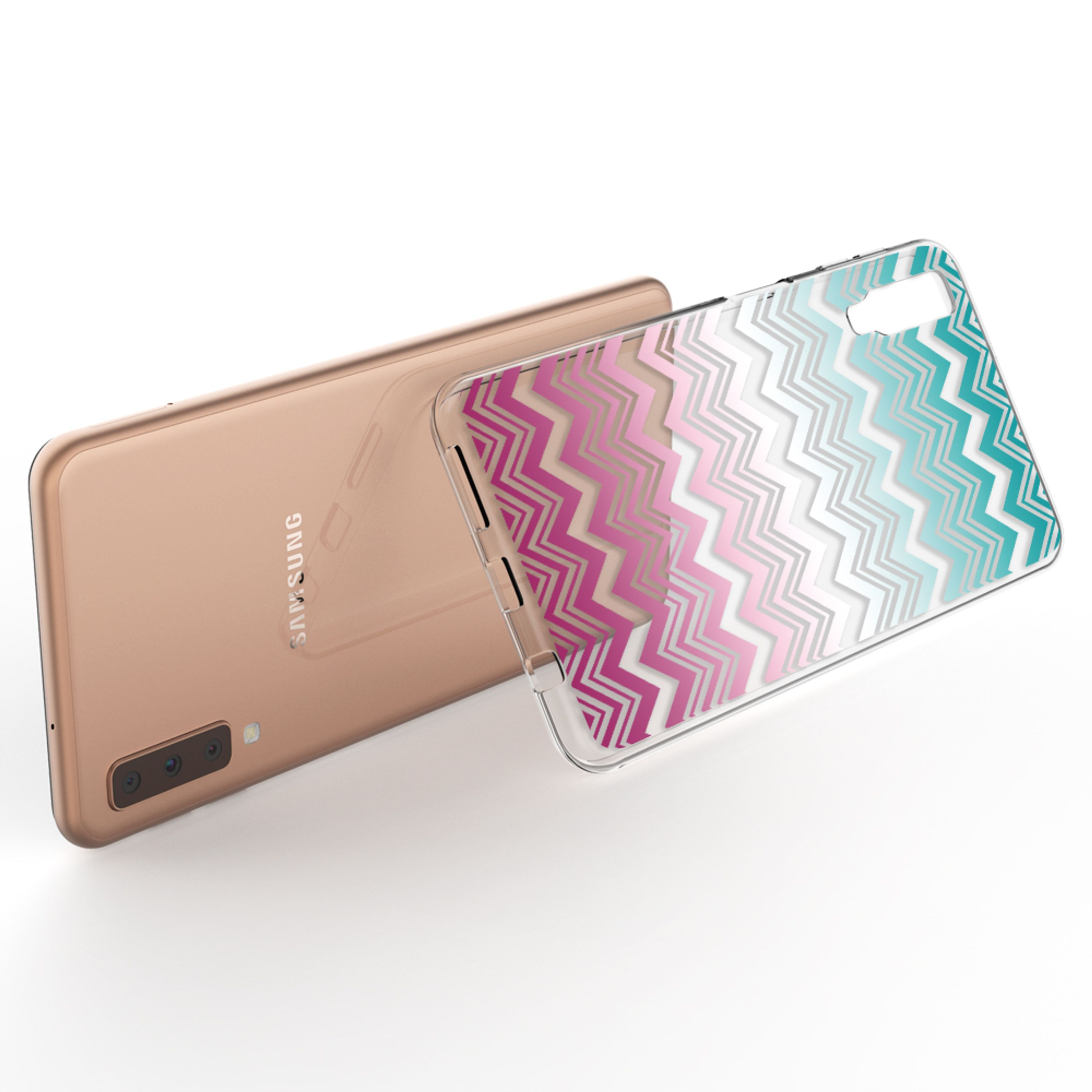 Ein roségoldenes Samsung-Smartphone liegt neben einer klaren Hülle mit rosa und türkisem Zickzackmuster.