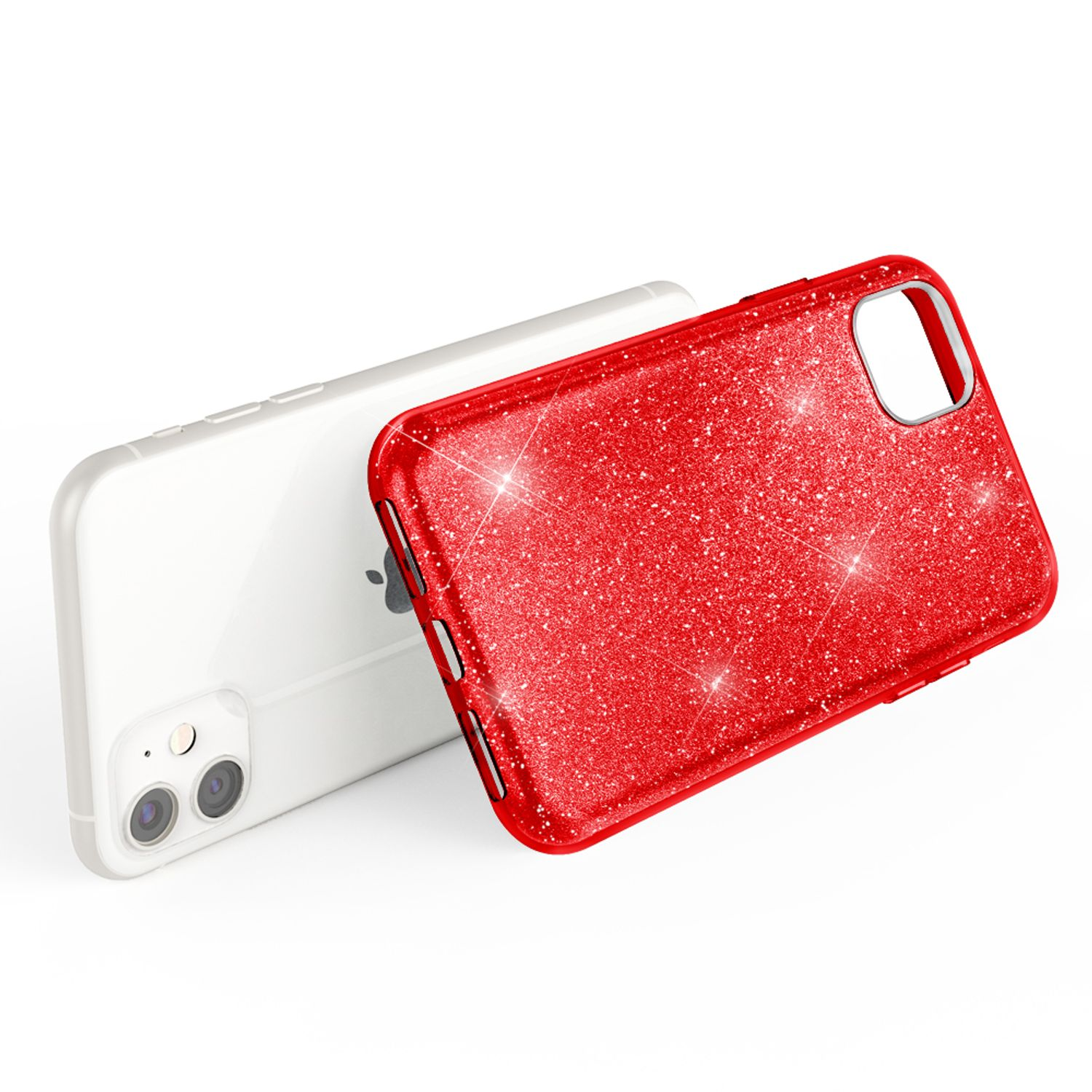 Ein weißes Smartphone mit einer glitzernden roten Schutzhülle auf weißem Hintergrund.