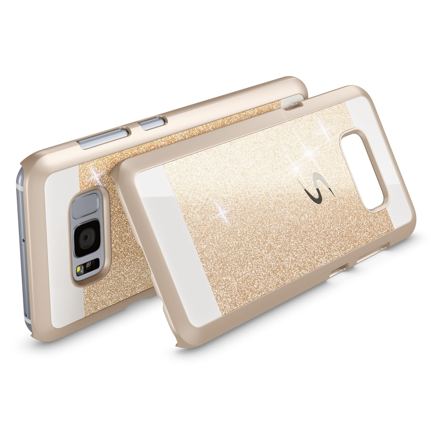 Zwei glänzende Gold-Glitzer-Smartphone-Hüllen auf weißem Hintergrund mit Ansichten von vorne und hinten.