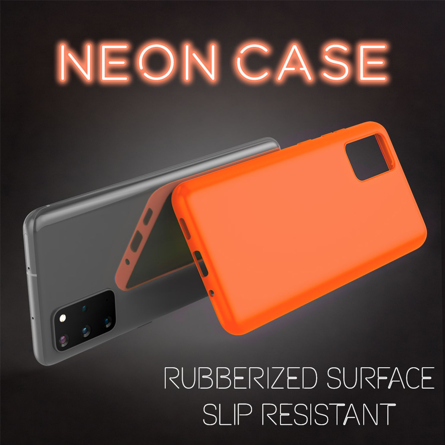 Custodia gommata arancione neon e smartphone grigio su sfondo grigio scuro con testo.