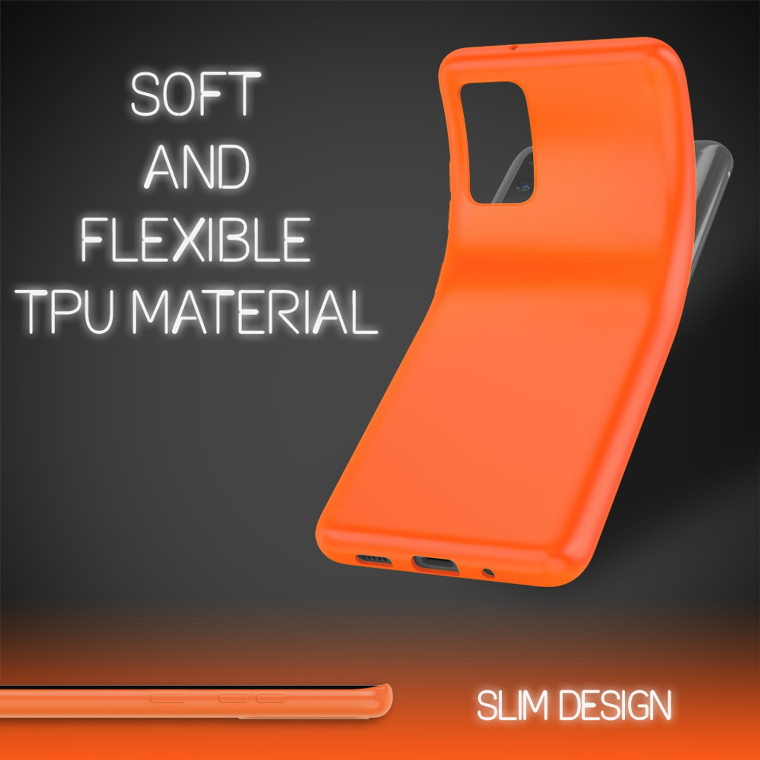 Una cover per telefono in TPU arancione flessibile e il testo Soft and Flexible TPU Material su sfondo scuro.