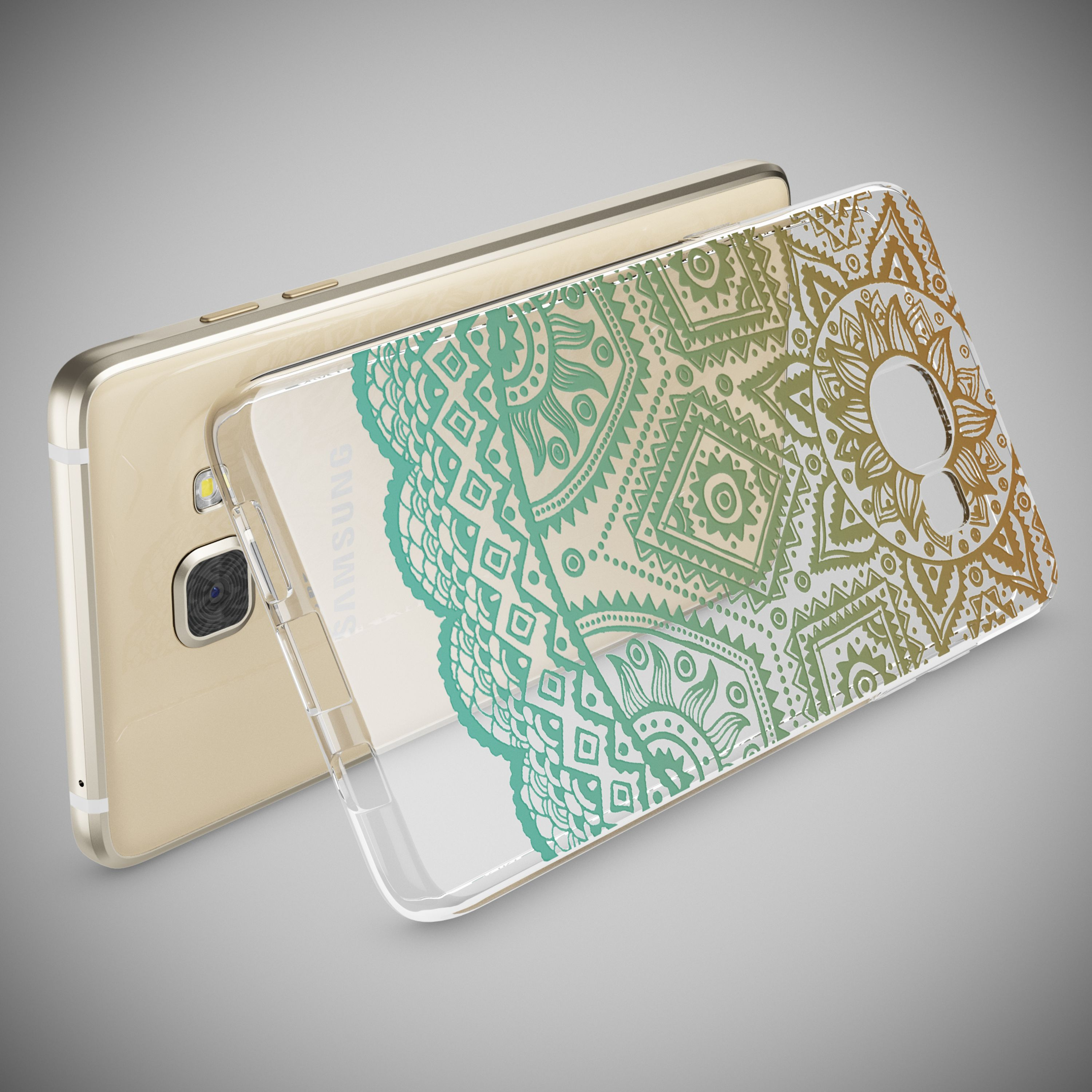 Goldenes Smartphone mit einer transparenten Schutzhülle, die mit einem grün-goldenen Mandala-Muster bedruckt ist.