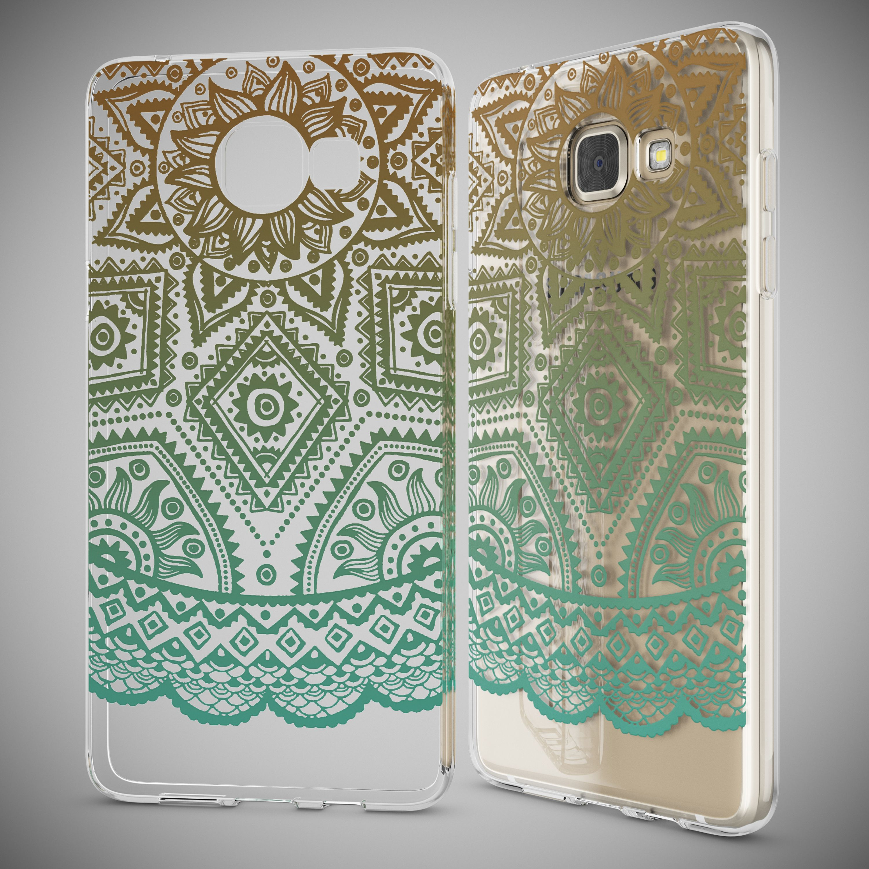 Transparente Handyhülle mit braun-grünem Mandala-Muster auf grauem Hintergrund.