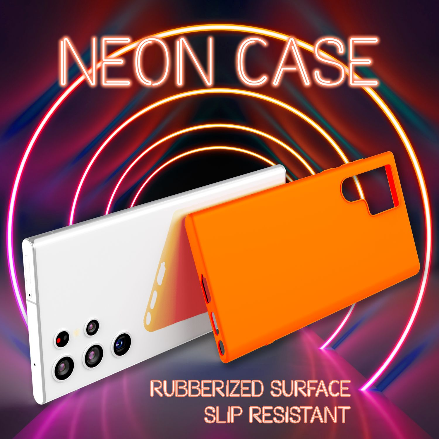 Uno smartphone bianco con fotocamera e una custodia protettiva arancione brillante su sfondo neon.