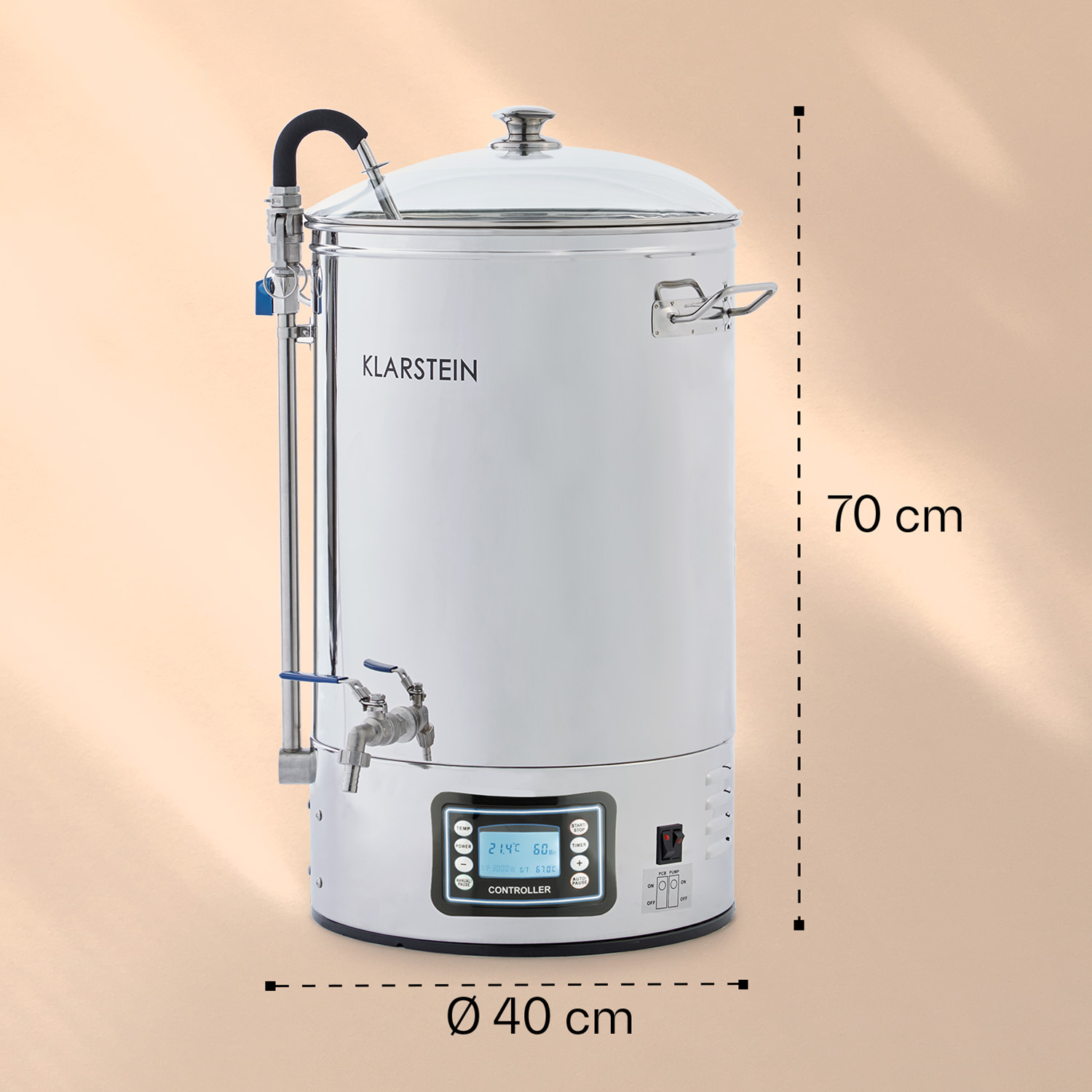 Caldaia in acciaio inossidabile Klarstein alta 70 cm e diametro di 40 cm su sfondo beige.