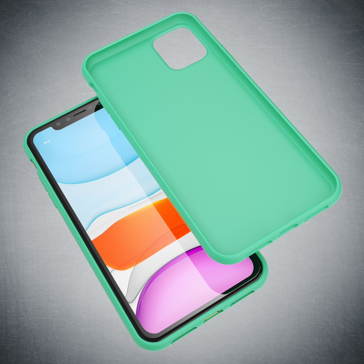 Ein Smartphone in einer grünen Hülle, mit einer passenden grünen Hülle darüber vor einem strukturierten grauen Hintergrund.