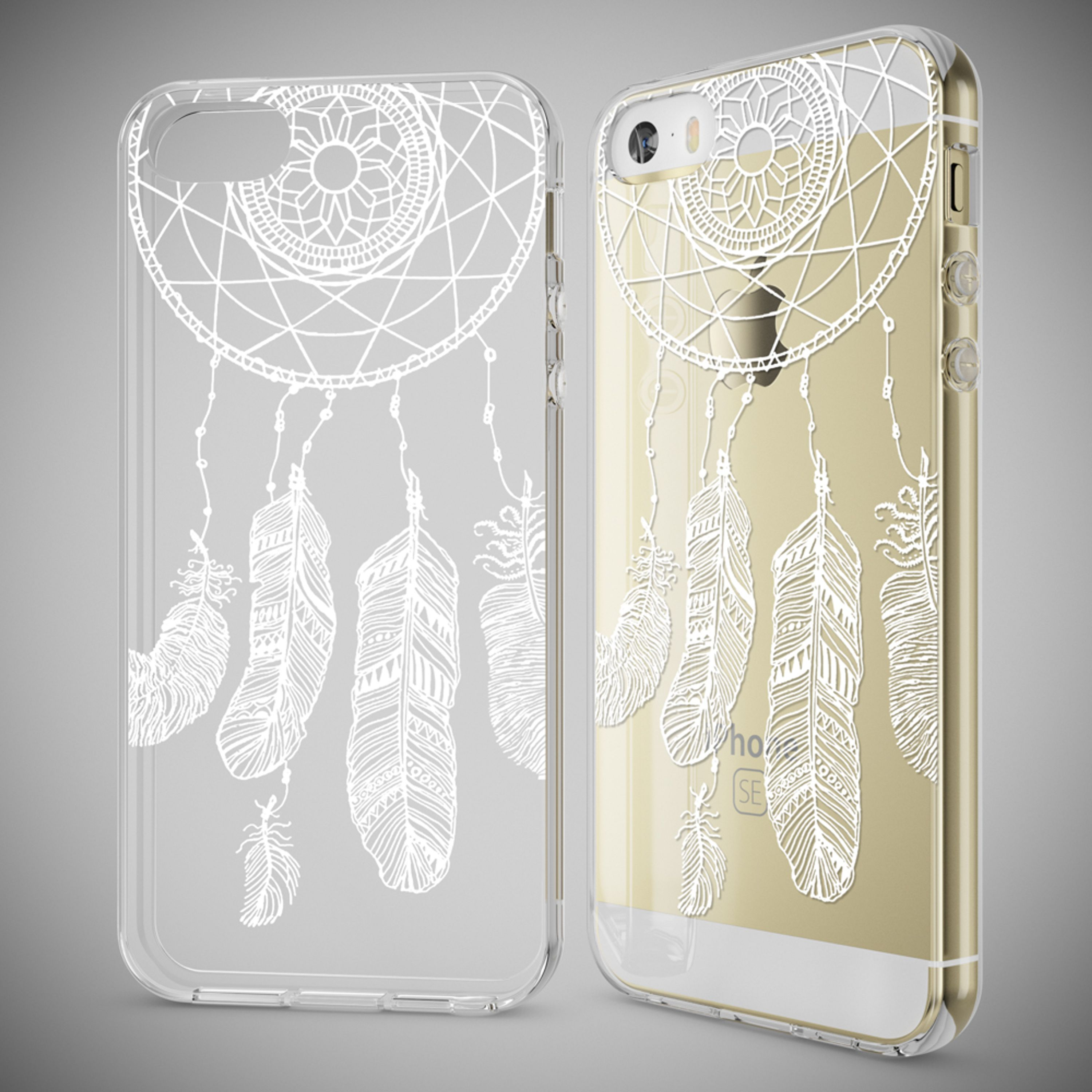 Transparente Handyhülle mit weißem Traumfänger und Federmotiv, leer und auf einem goldenen Telefon.