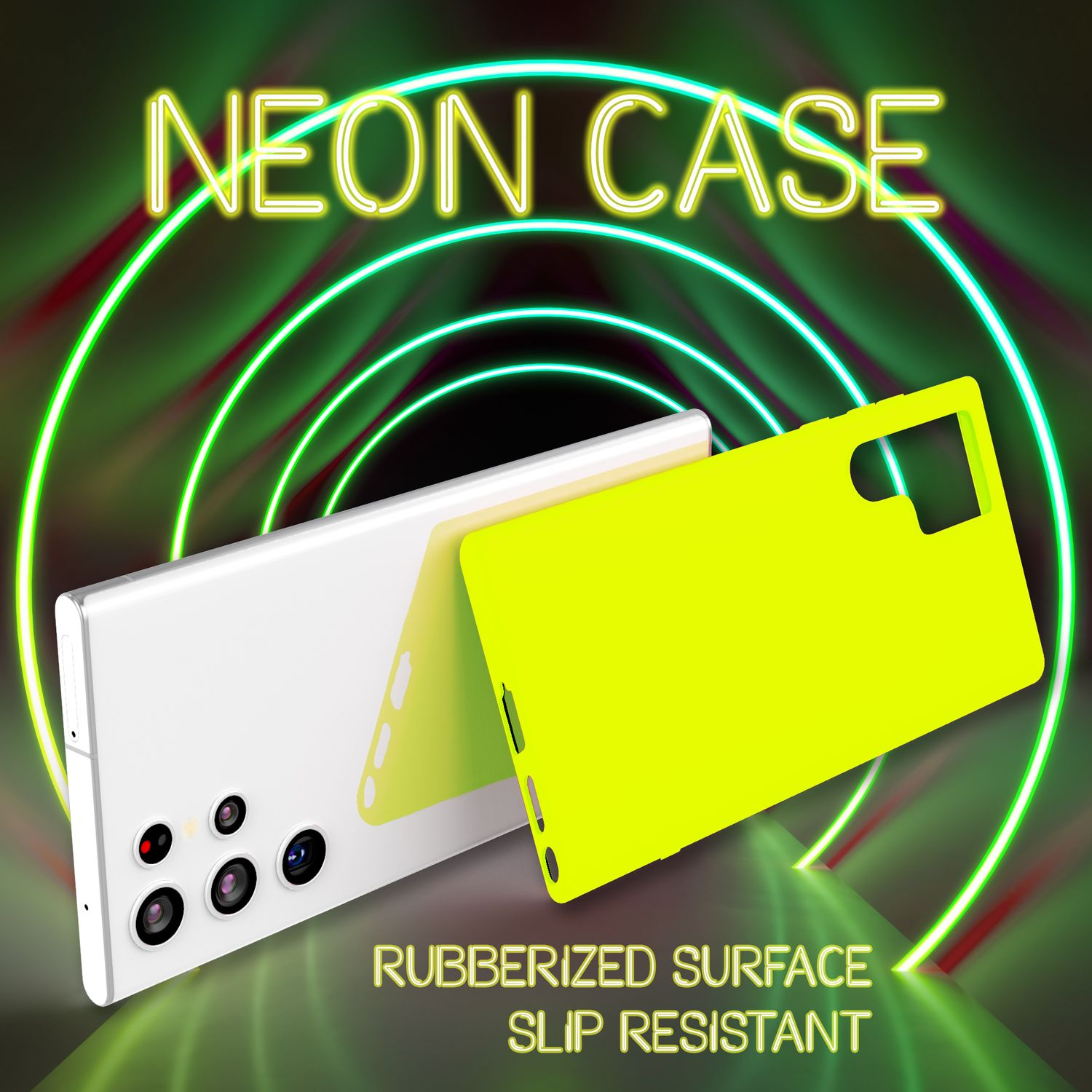 Uno smartphone bianco con custodia neon giallo brillante su sfondo tunnel verde.