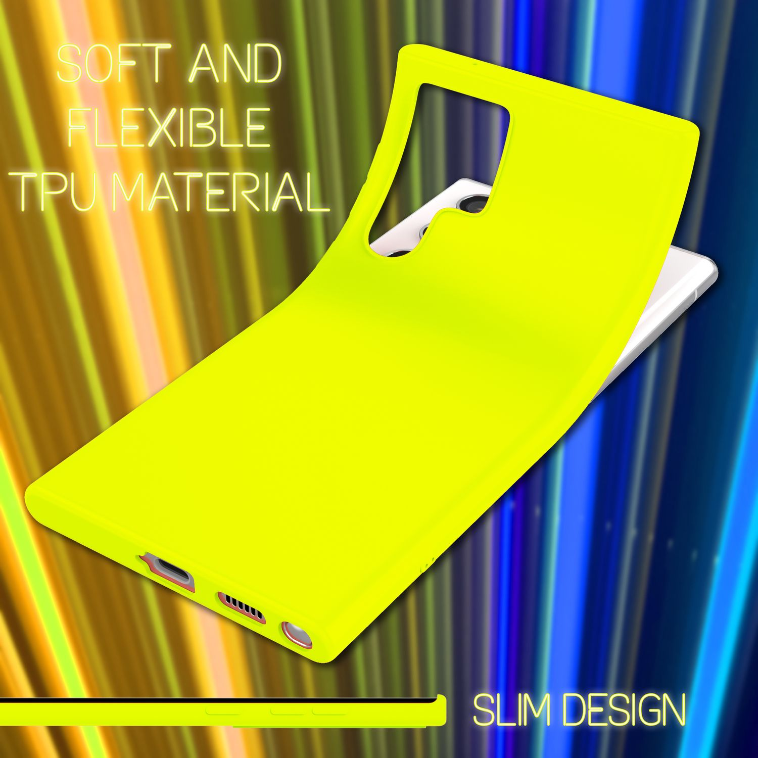 Una cover per telefono in TPU morbido verde neon si trova su uno smartphone bianco su sfondo blu e giallo.