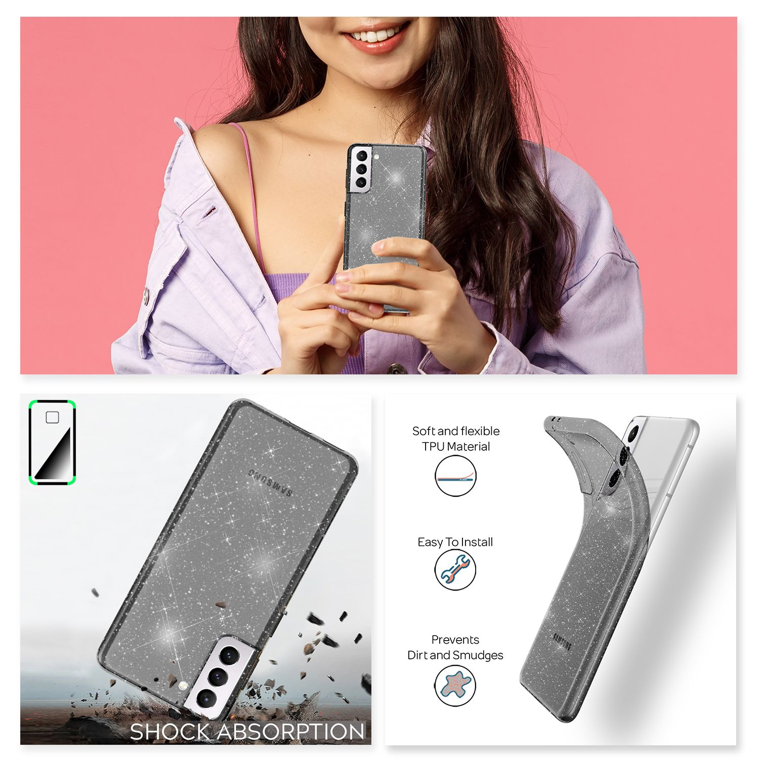 Una donna tiene in mano un telefono scintillante, con dettagli sulla cover flessibile e antiurto.
