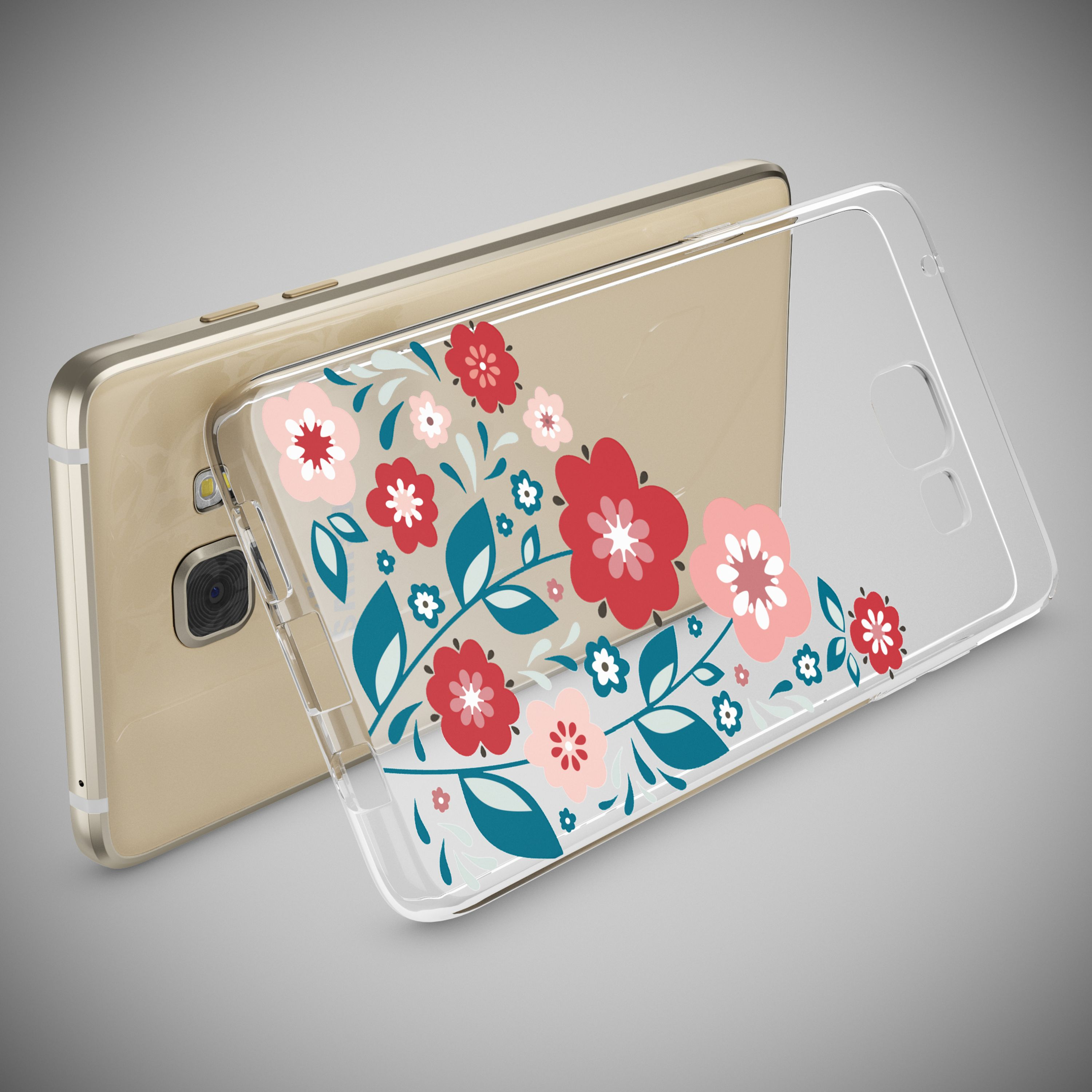 Ein goldenes Smartphone und eine transparente Schutzhülle mit rotem und blauem Blumenmuster.
