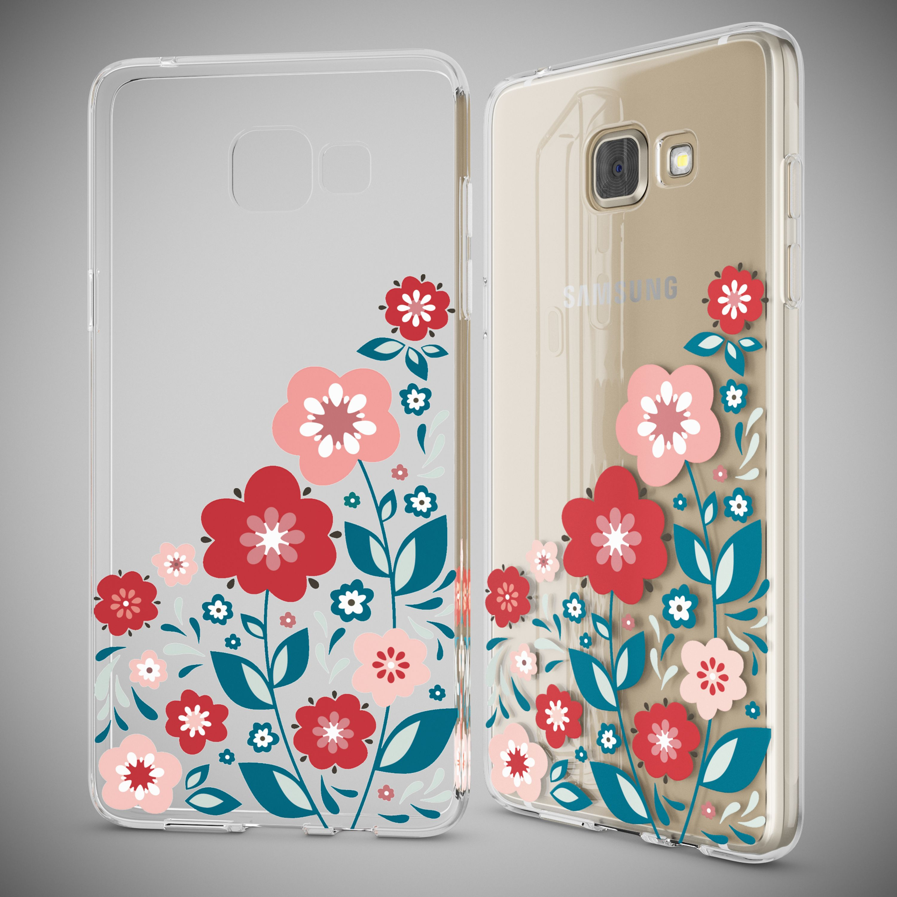 Transparente Handyhülle mit bunten roten und rosa Blumen sowie grünen Blättern.
