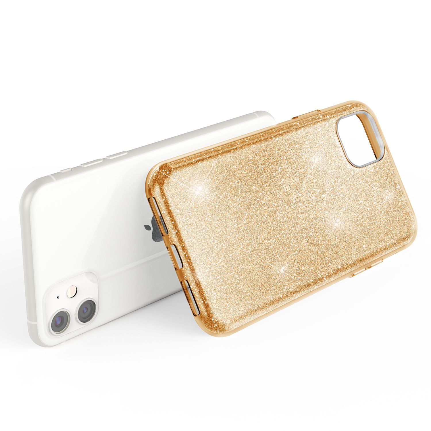 Uno smartphone bianco è accanto a una custodia dorata e glitterata su sfondo bianco.