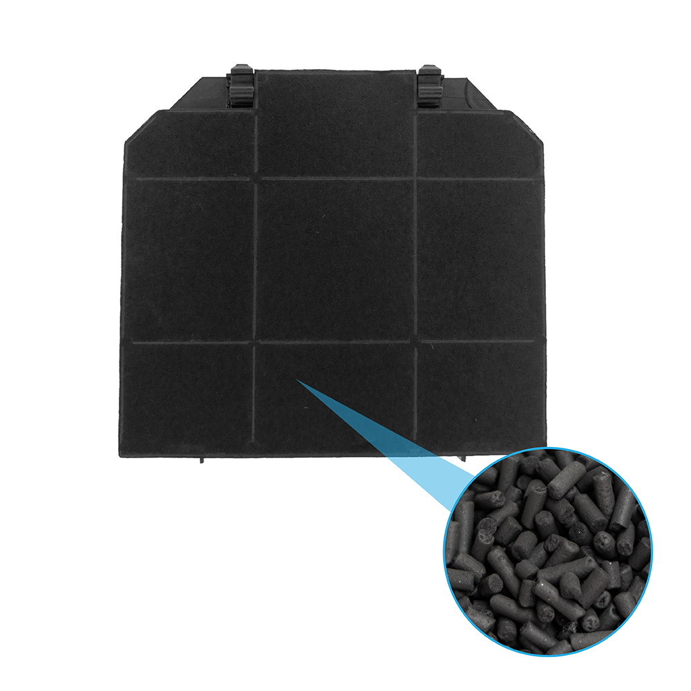 Filtro a carbone nero con un dettaglio circolare in basso a destra che mostra piccoli pellet.