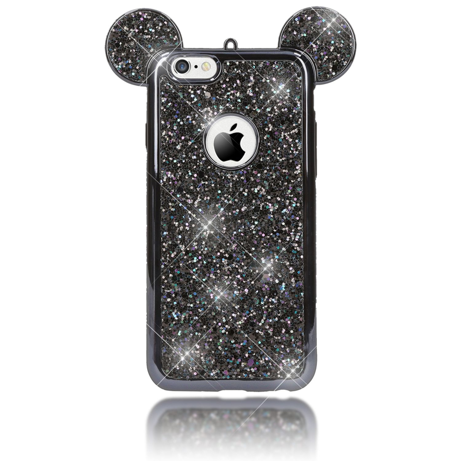 Eine schwarze, glitzernde iPhone-Hülle mit Mickey-Maus-Ohren und dem Apple-Logo.