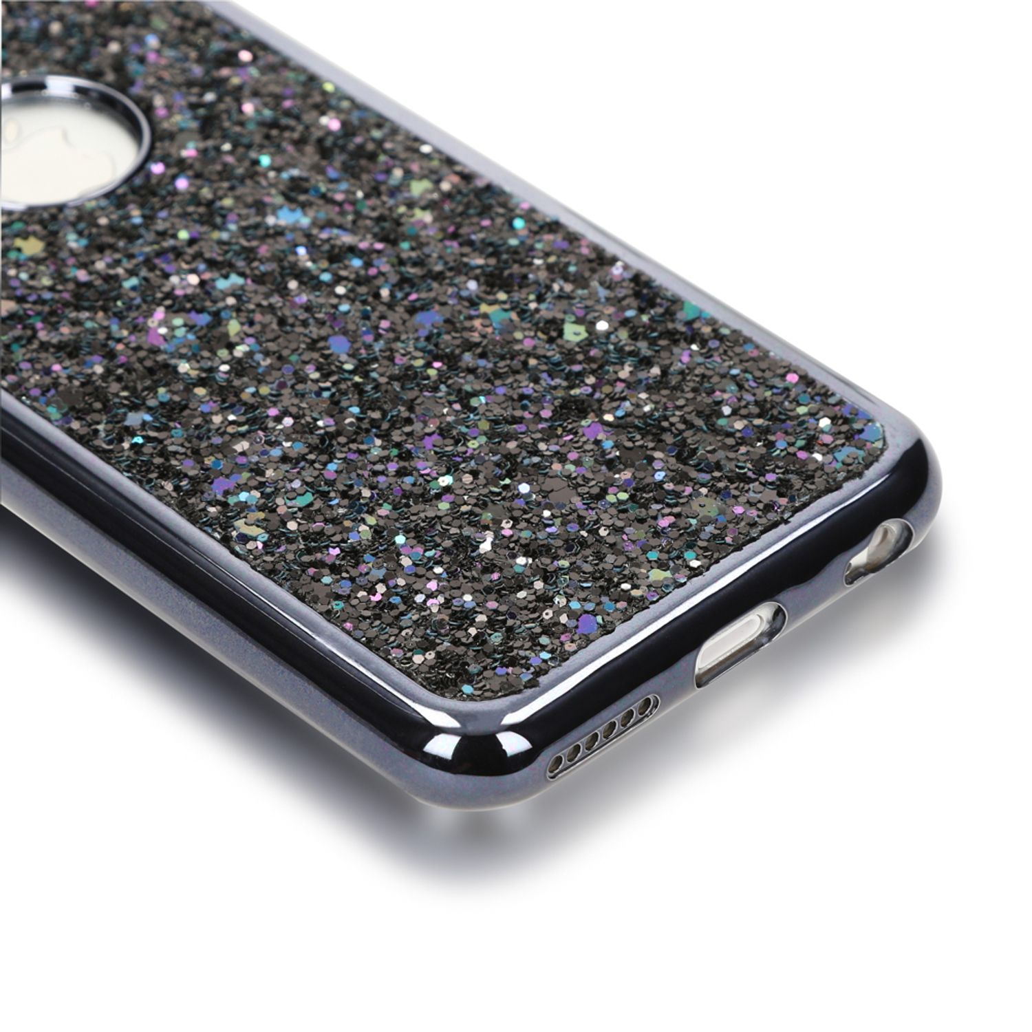 Eine glänzende schwarze Handyhülle mit vielen bunten Glitzerpartikeln auf einer weißen Oberfläche.