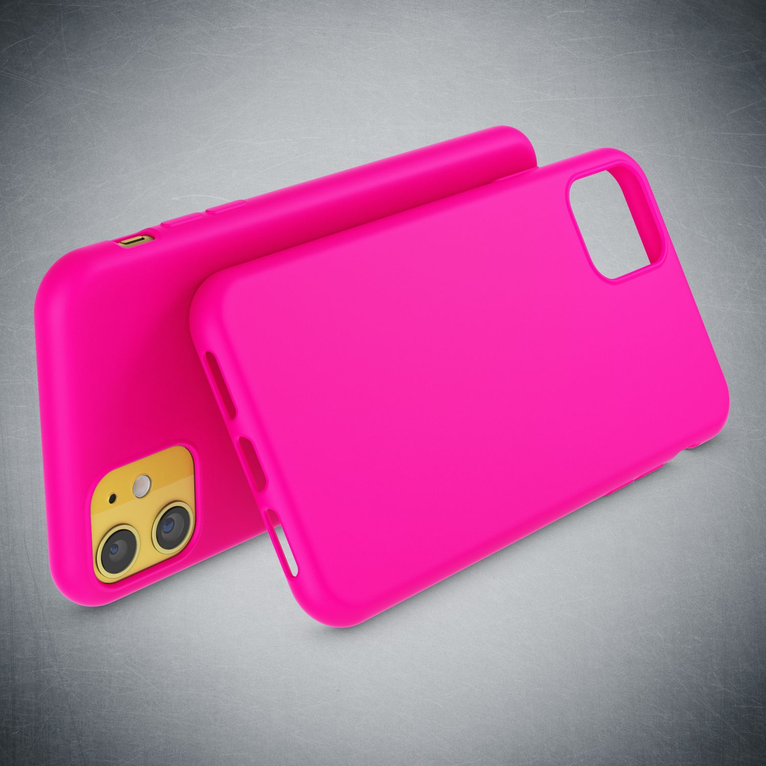Zwei leuchtend rosa iPhone-Hüllen liegen auf einer grauen, strukturierten Oberfläche.