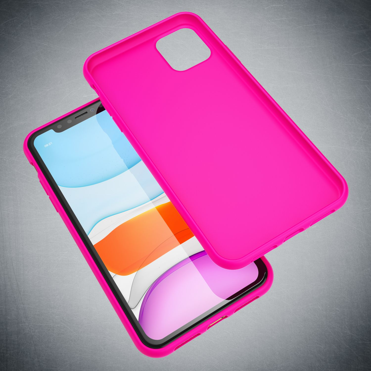 Ein Smartphone in einer pinken Hülle, mit einer passenden pinken Hülle darüber auf grauem strukturiertem Hintergrund.