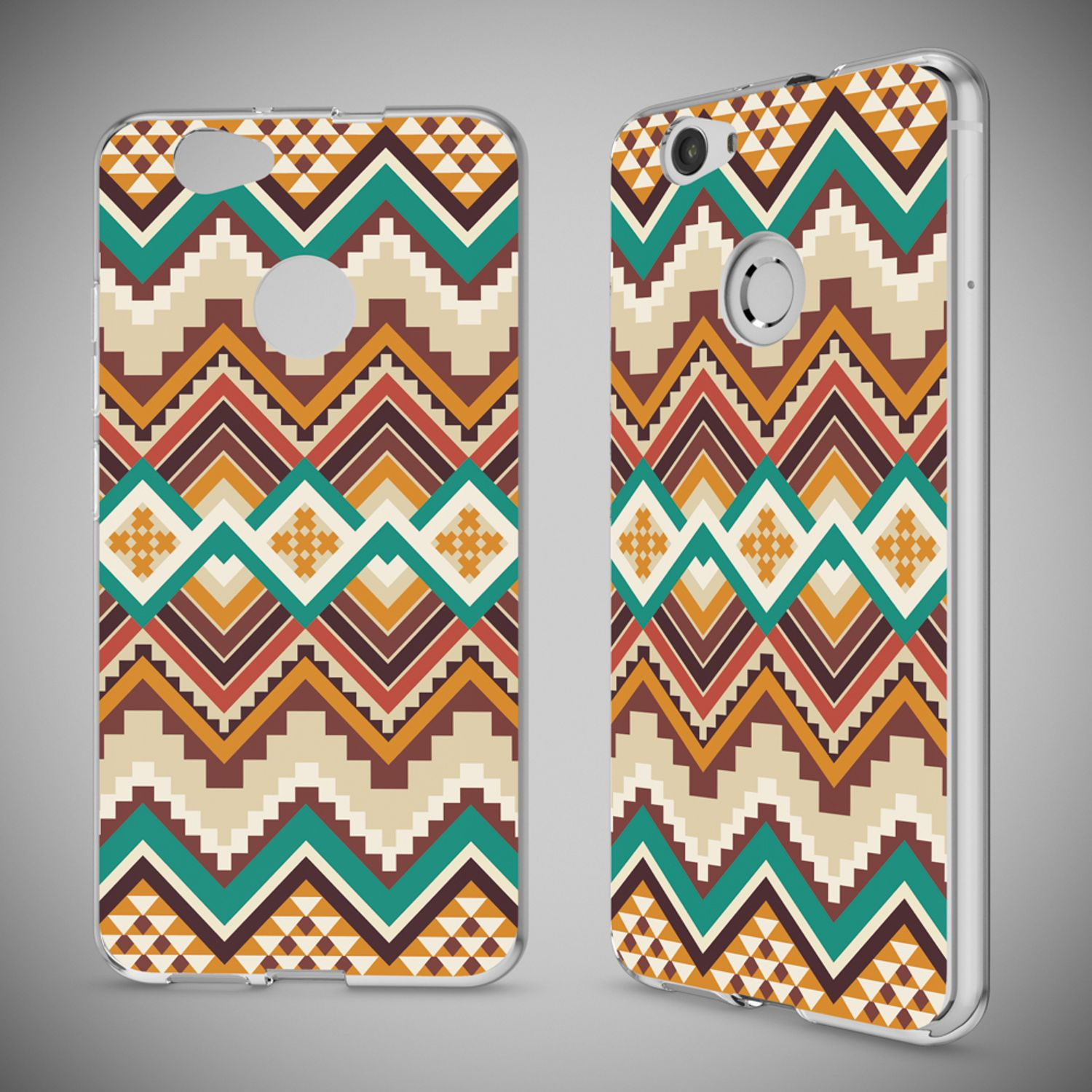 Zwei Smartphone-Hüllen mit bunten, aztekischen Mustern in Türkis, Braun, Orange und Beige auf grauem Hintergrund.