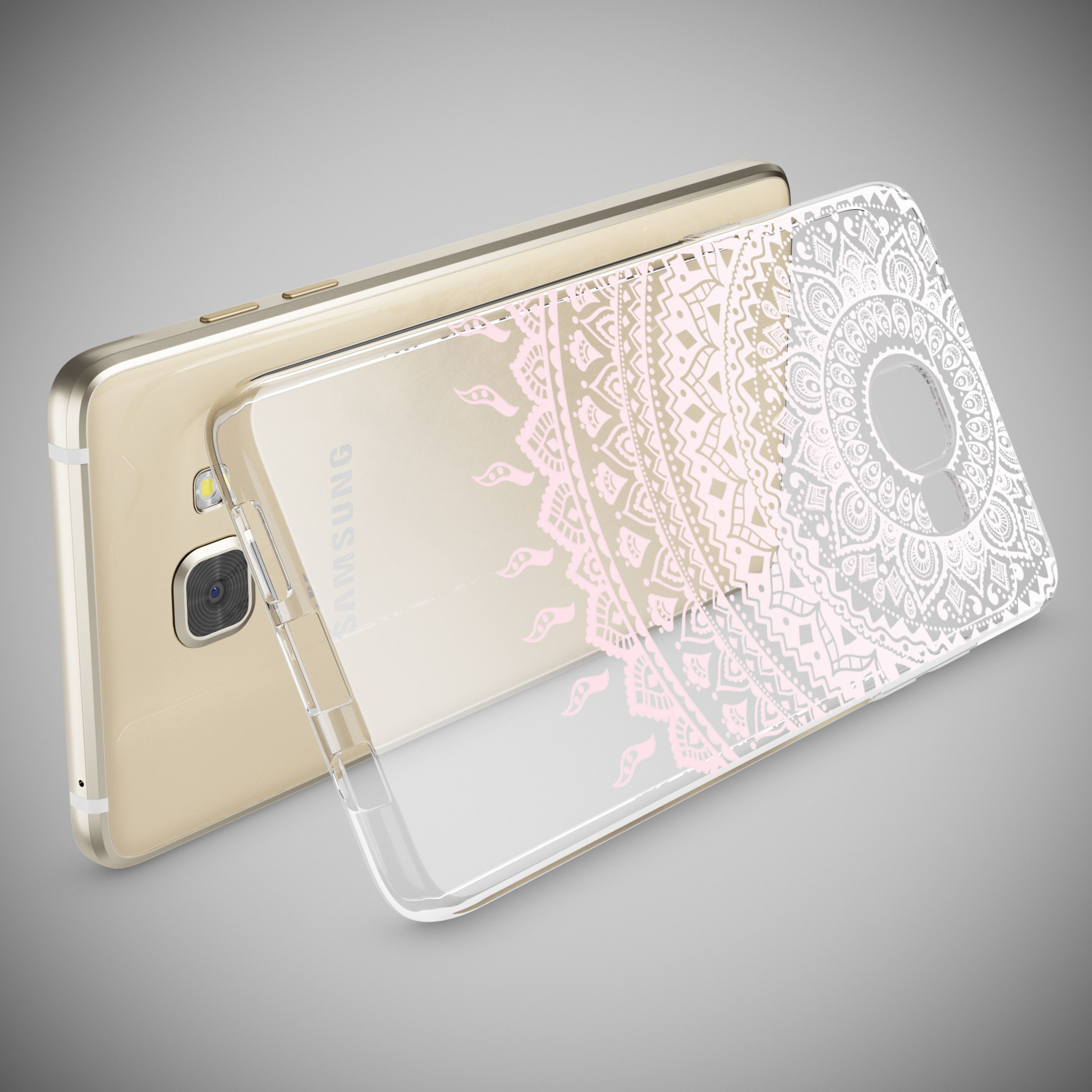 Goldenes Smartphone mit einer transparenten Schutzhülle mit weißem und rosa Mandalamuster.