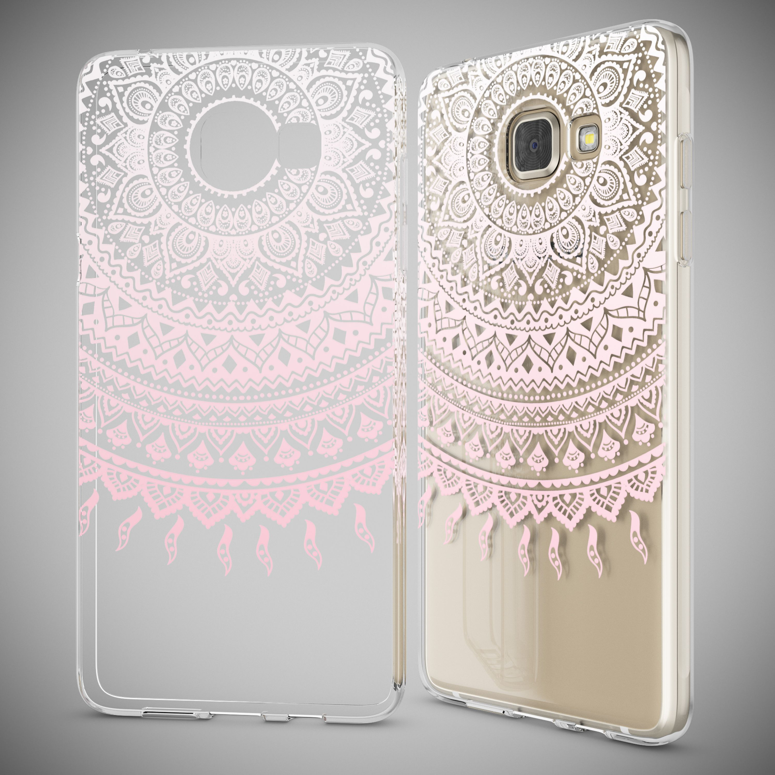 Transparente Handyhülle mit weißem und rosa Mandala-Muster, auf und neben einem Smartphone abgebildet.
