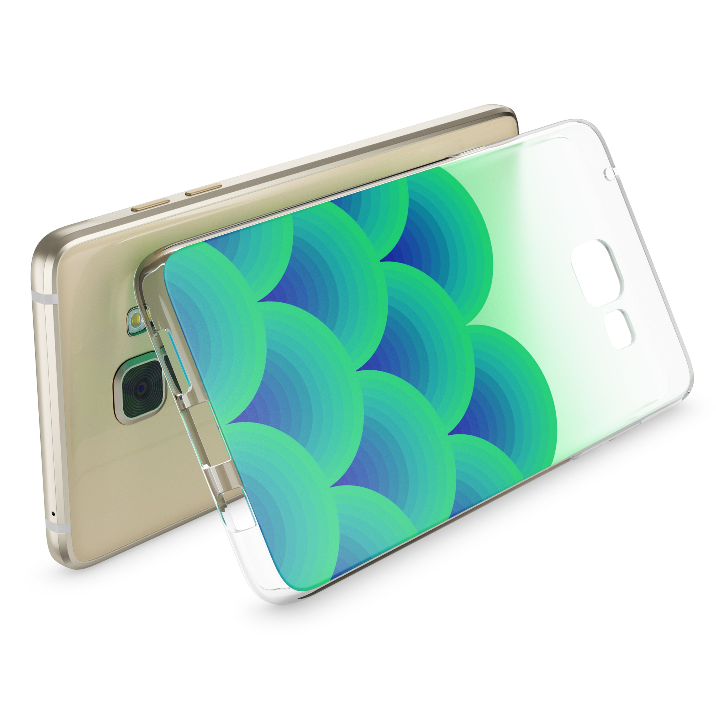 Goldenes Smartphone mit transparenter Hülle mit grün-blauem Muster vor weißem Hintergrund.