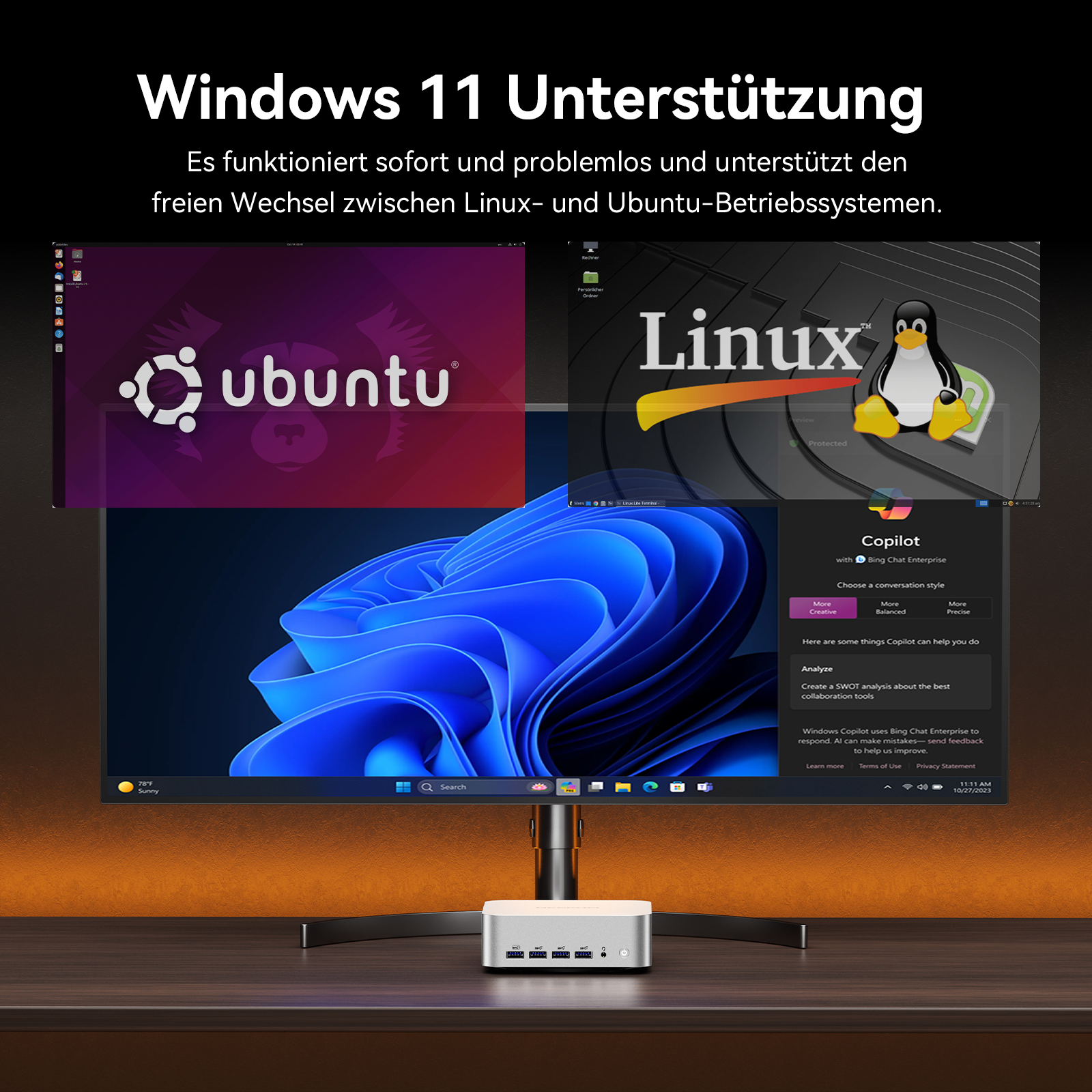 Ein Monitor zeigt Windows 11, Linux und Ubuntu auf einem Schreibtisch mit einem Mini-PC.