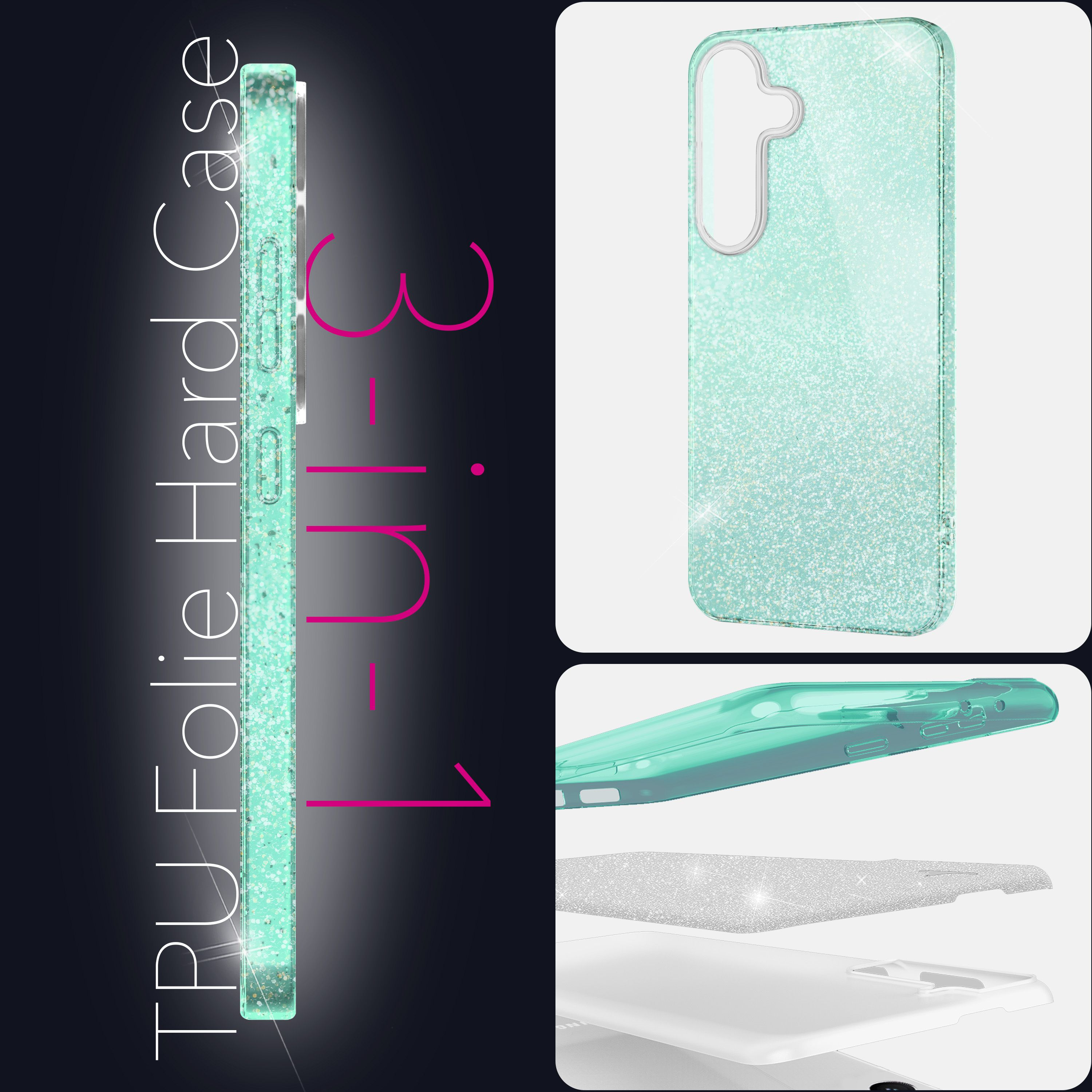 Custodia rigida in TPU verde menta brillante con glitter, design multistrato e viste laterali.