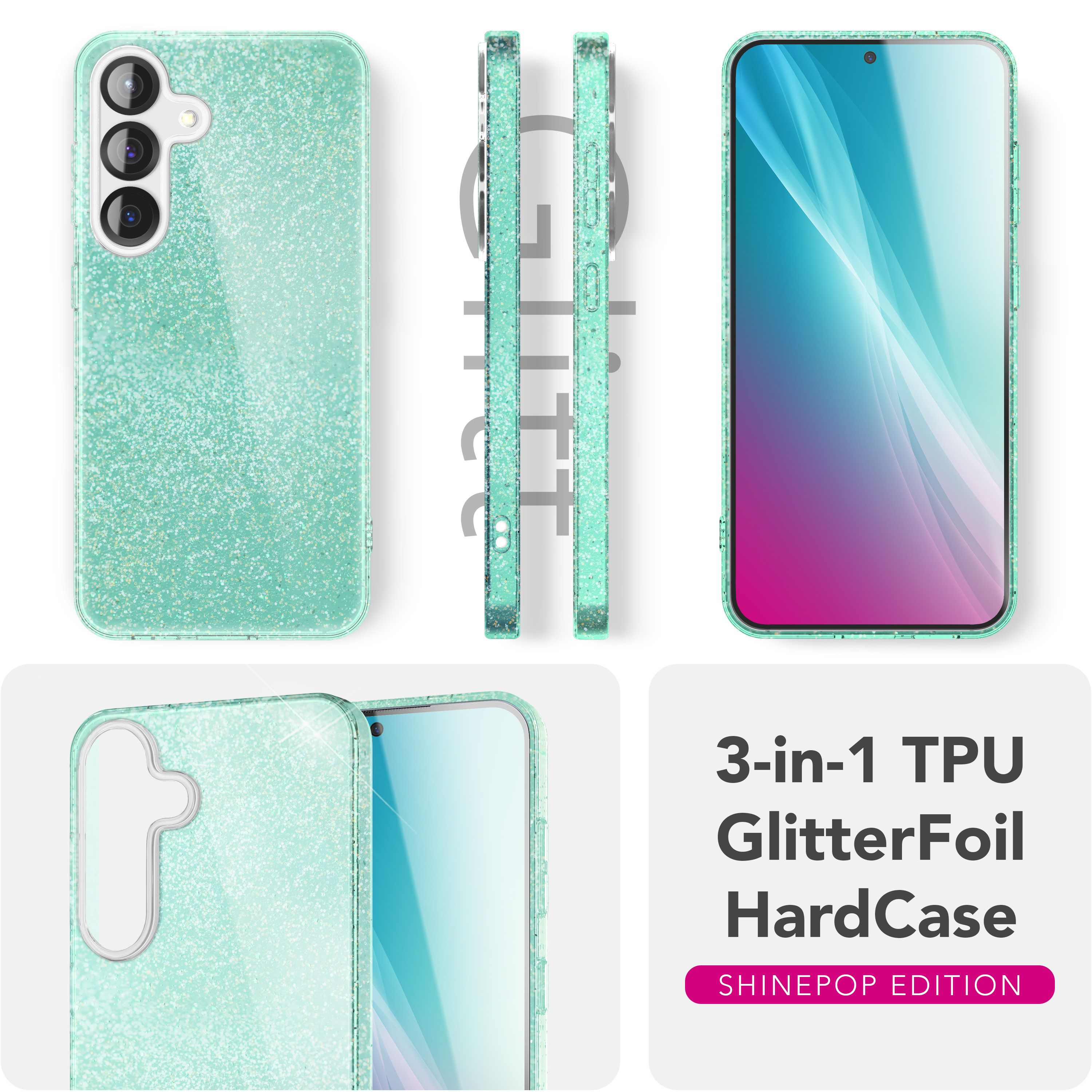 Custodia per telefono in TPU verde menta glitterata mostrata da più angolazioni con testo.