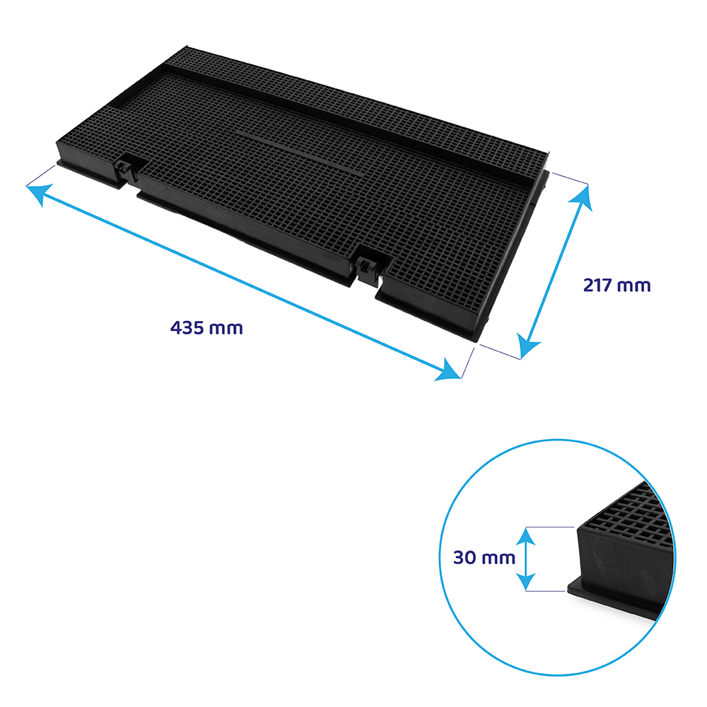 Una griglia di drenaggio in plastica nera con dimensioni 435 mm, 217 mm e 30 mm.