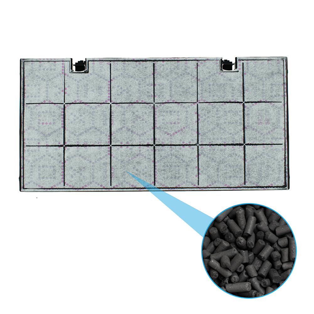 Filtro a carbone attivo grigio rettangolare con un cerchio che mostra i pellet di carbone all'interno.