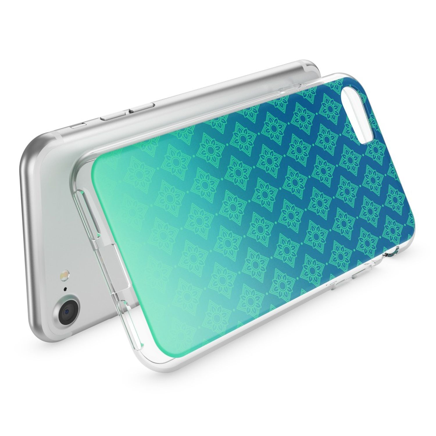 Eine silberne Smartphone-Hülle mit einem blau-türkisfarbenen Muster aus kleinen Quadraten.